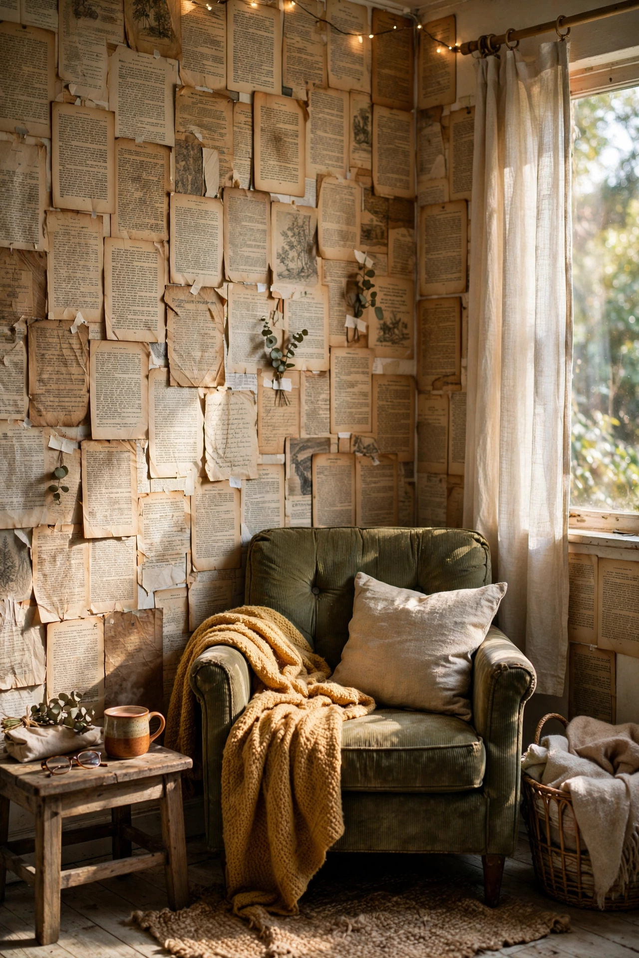Vintage book pages pasted on a reading nook wall as a literary accent