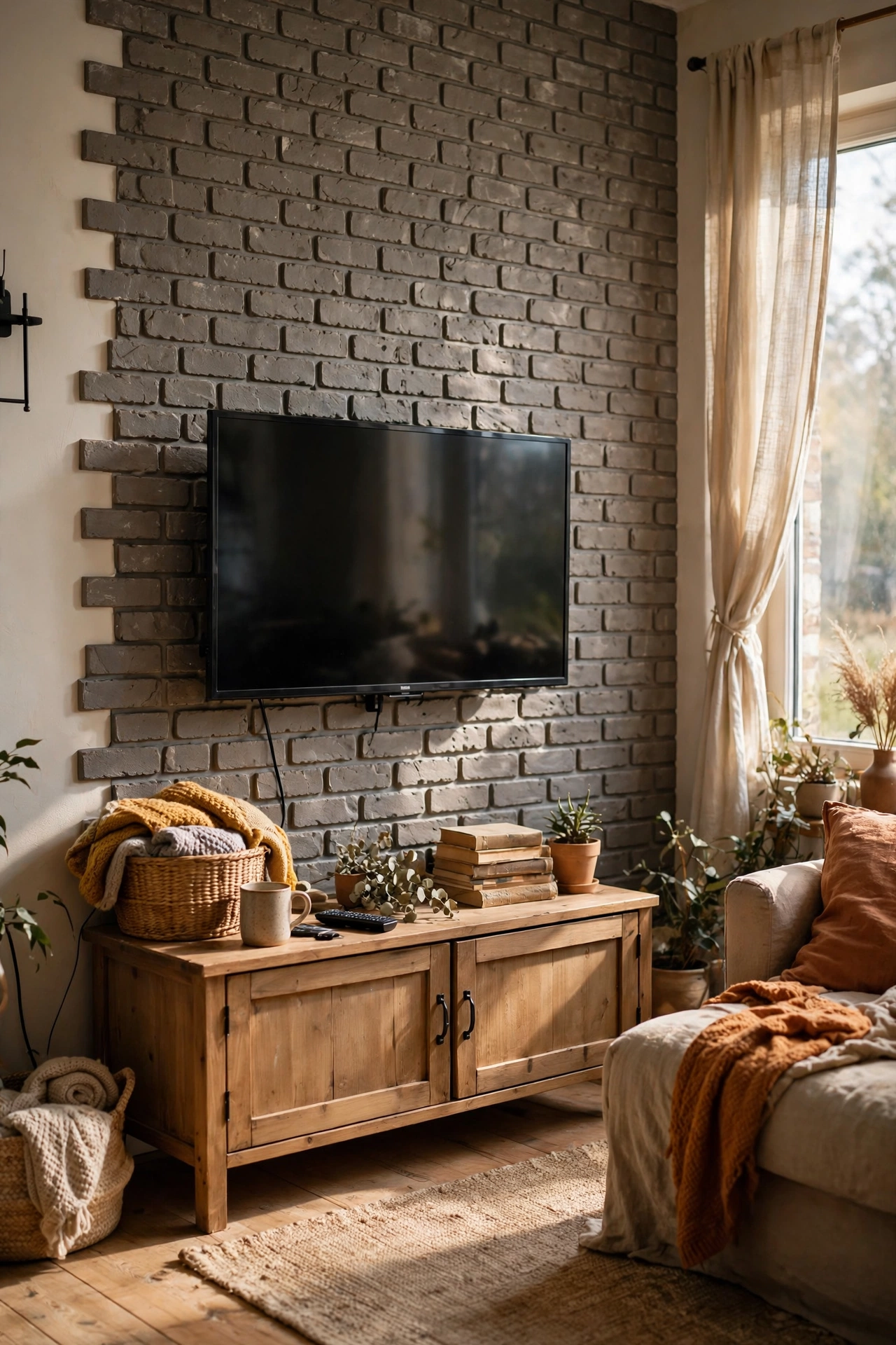Lightweight faux brick panels as an industrial accent wall behind a television