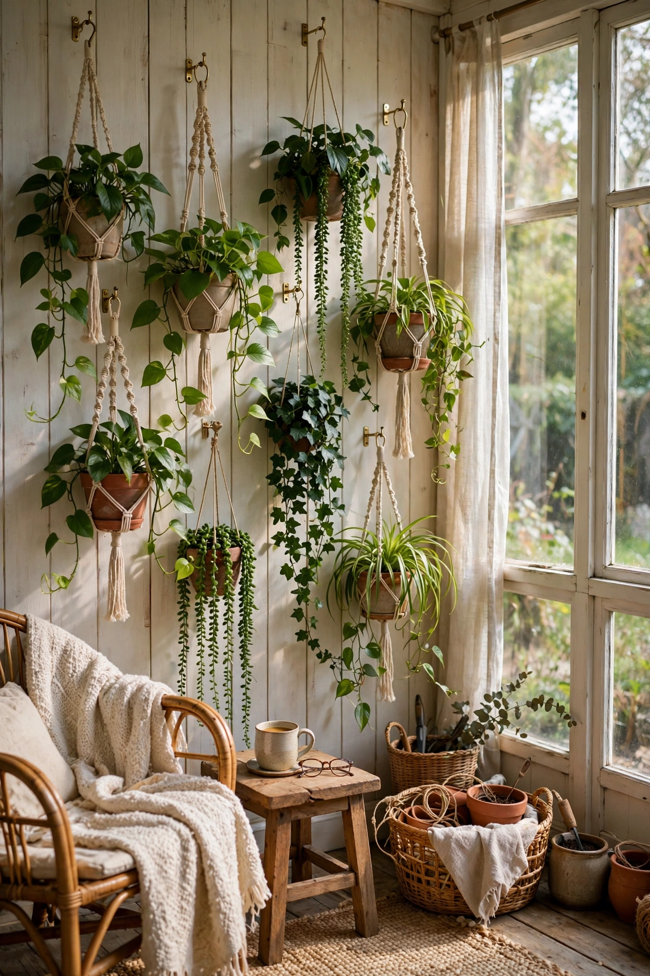 Trailing houseplants hung at different heights as a living green accent wall