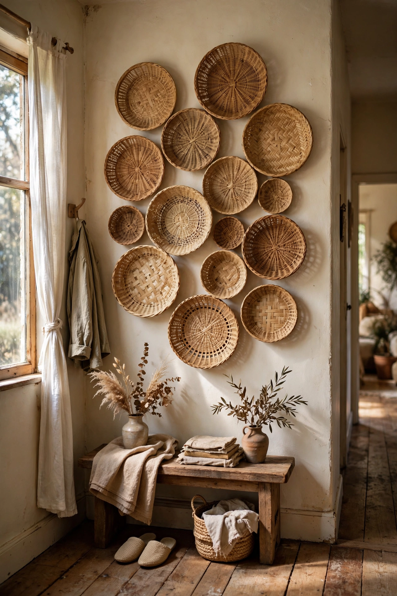 Flat woven baskets of different sizes as a warm textural hallway accent wall