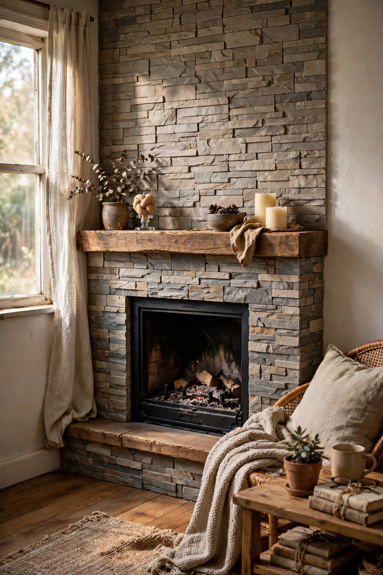 Peel-and-stick stone-look panels as a rustic fireplace accent wall