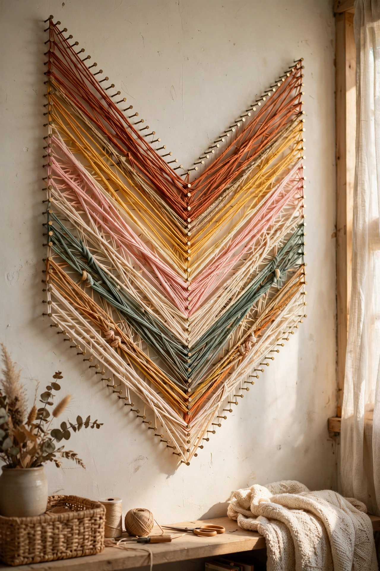 Nails and coloured string in a chevron pattern as a graphic string art accent wall