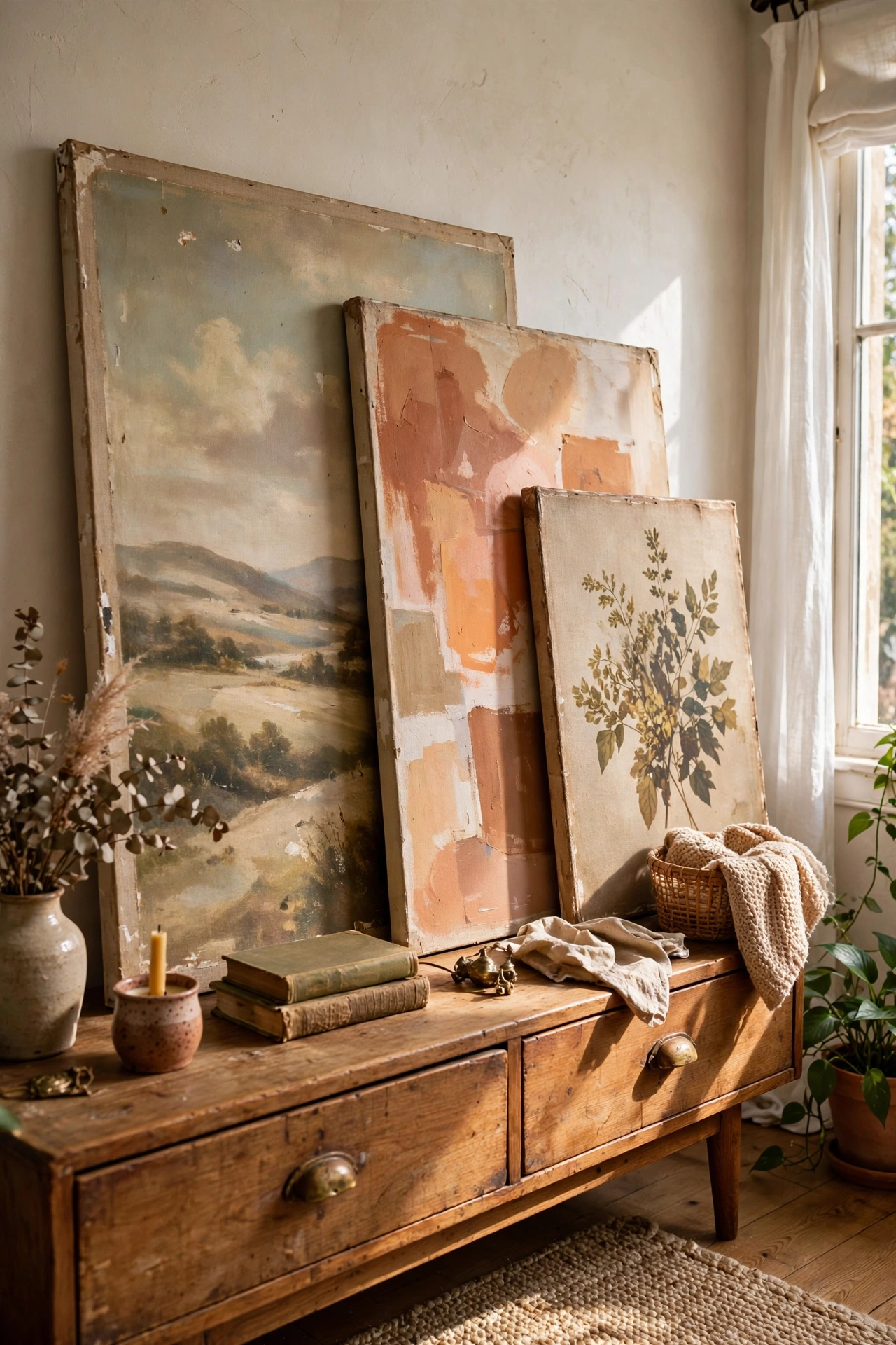 Large thrifted canvases layered on a sideboard as a no-hang art accent wall