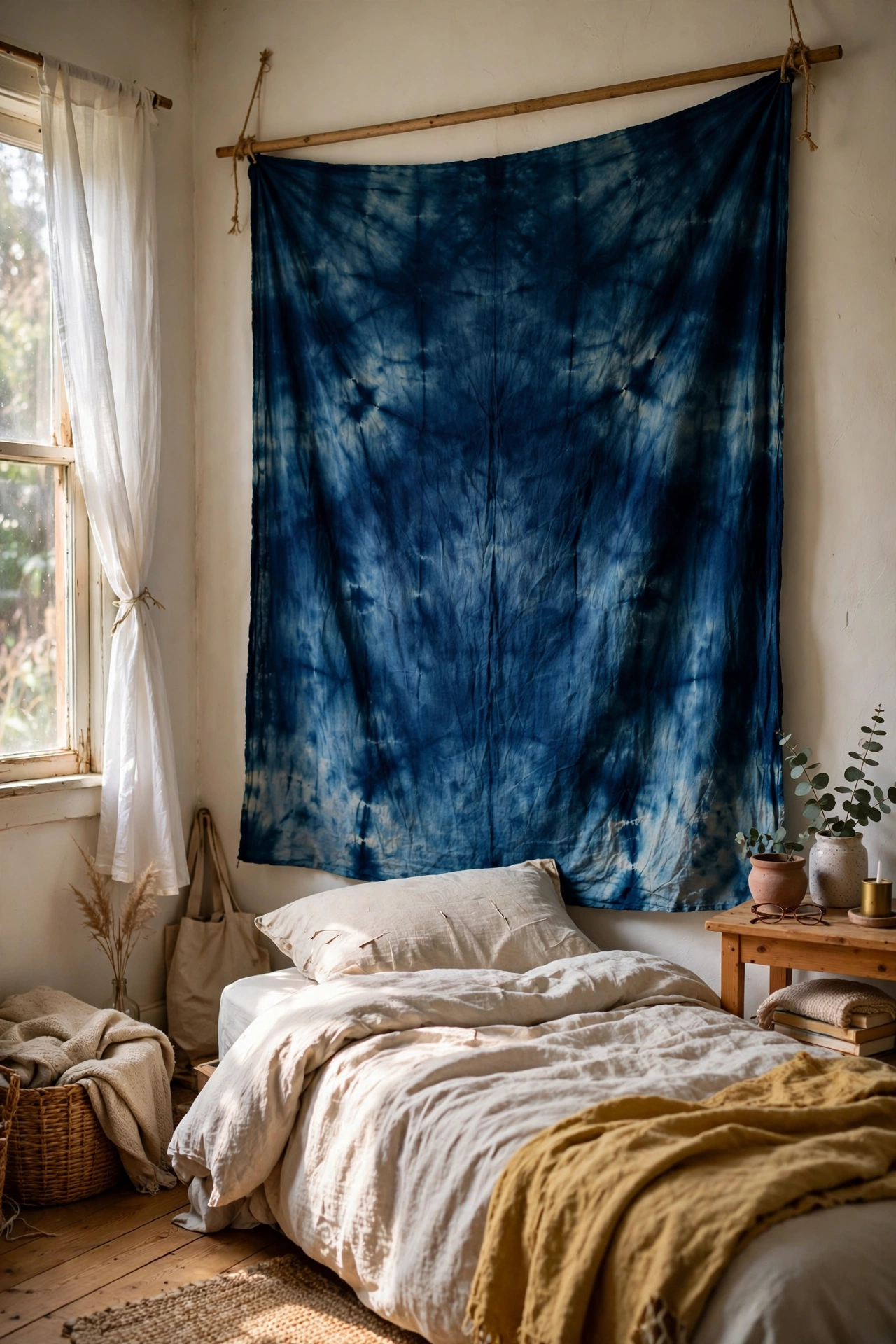 A huge indigo dip-dyed fabric hung on a dowel as an artisanal accent wall