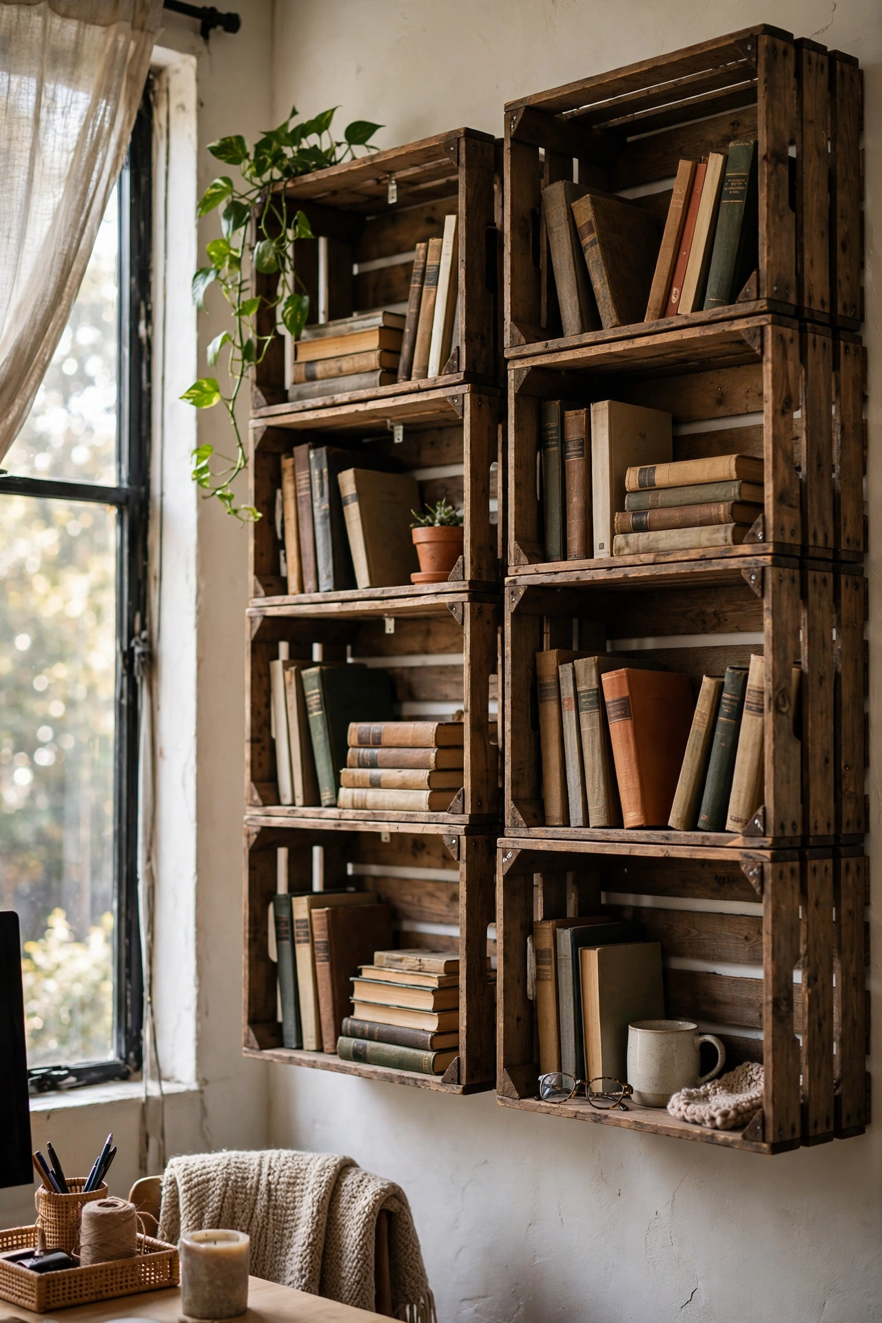 Wooden crates mounted on an office wall as a dimensional storage accent wall