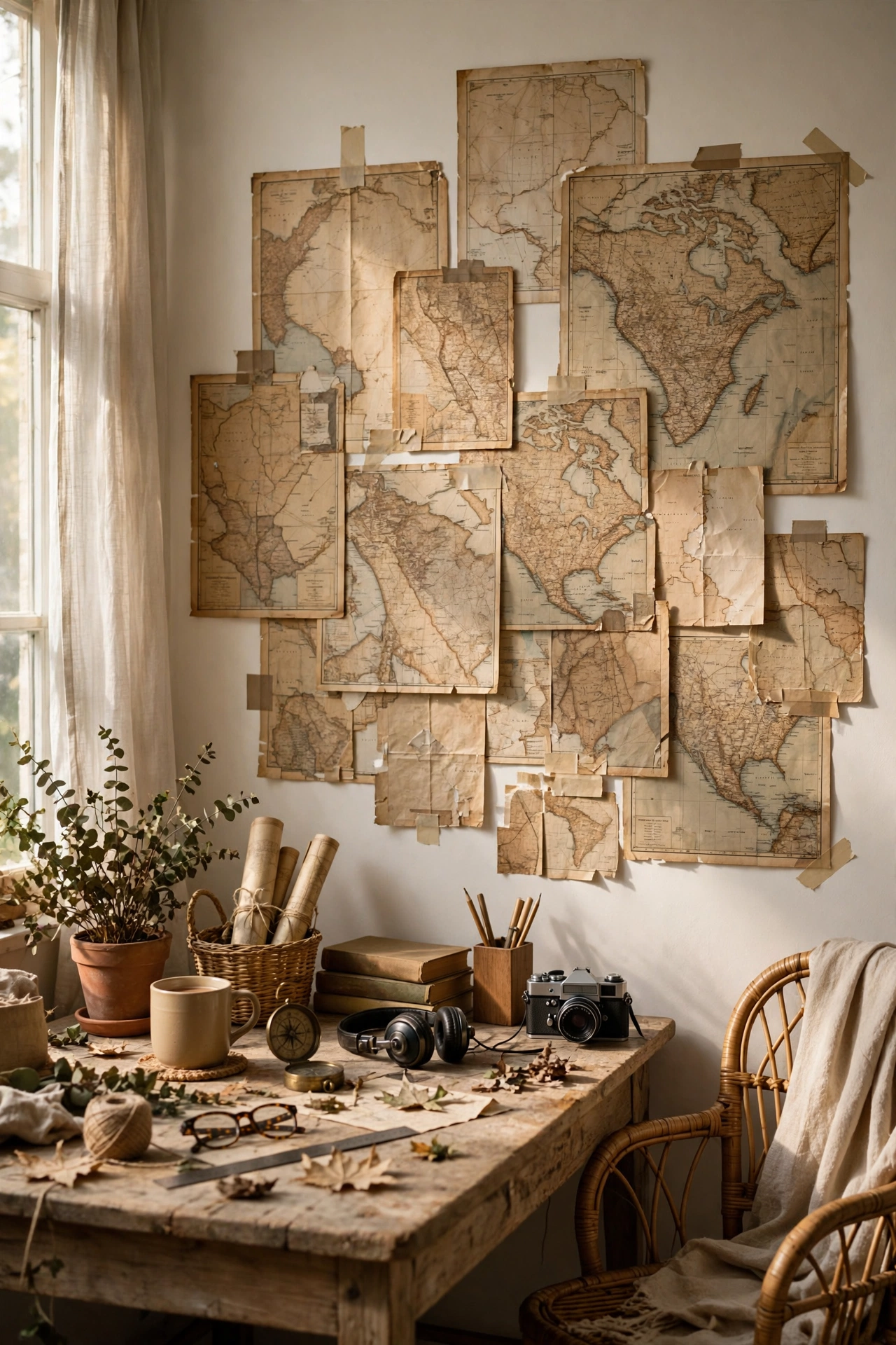 Vintage maps pasted across a study wall as a personal travel accent wall