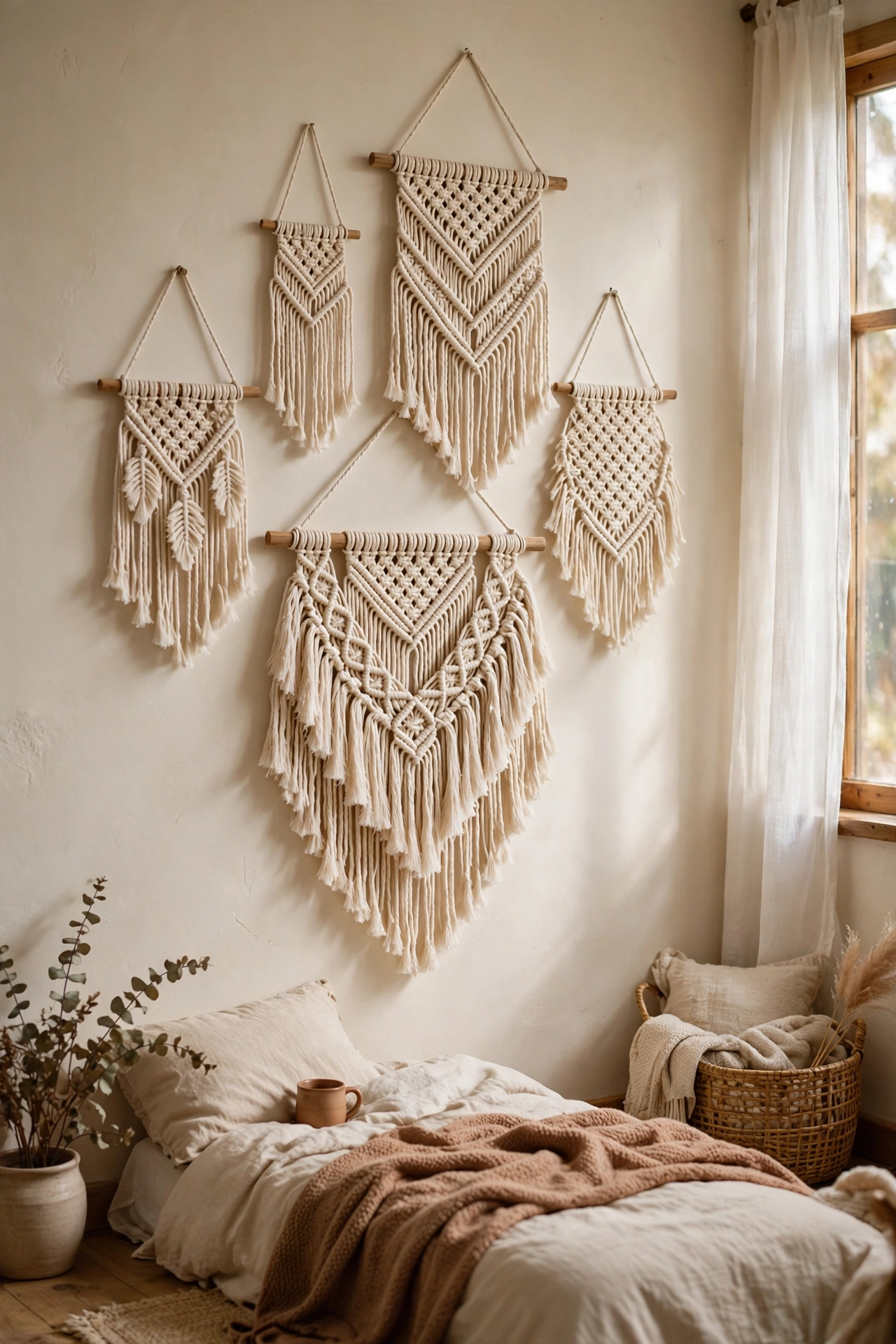 Five macrame hangings of different sizes grouped as a soft textural accent wall