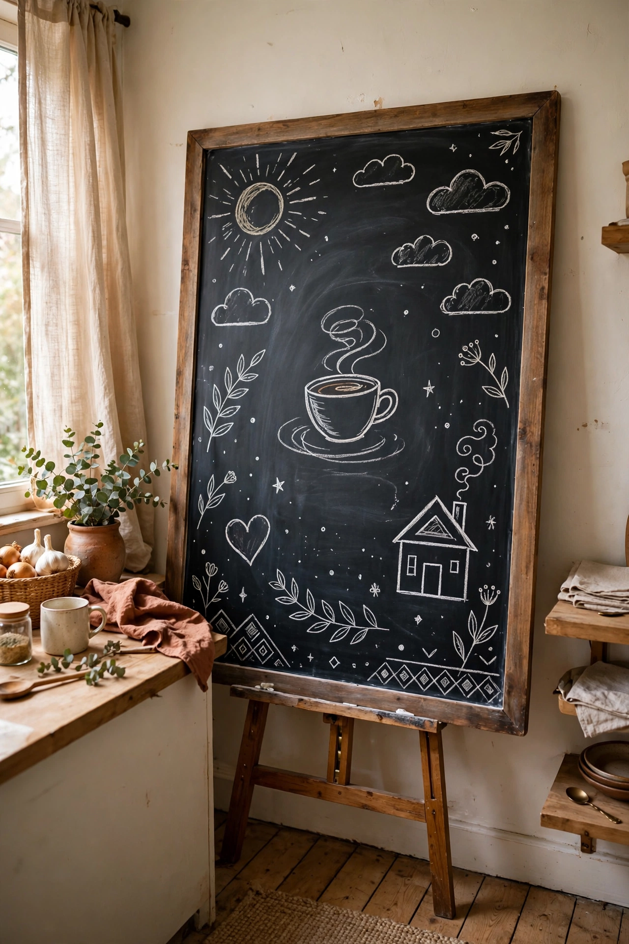 A giant framed chalkboard on easel legs leaned against a kitchen wall