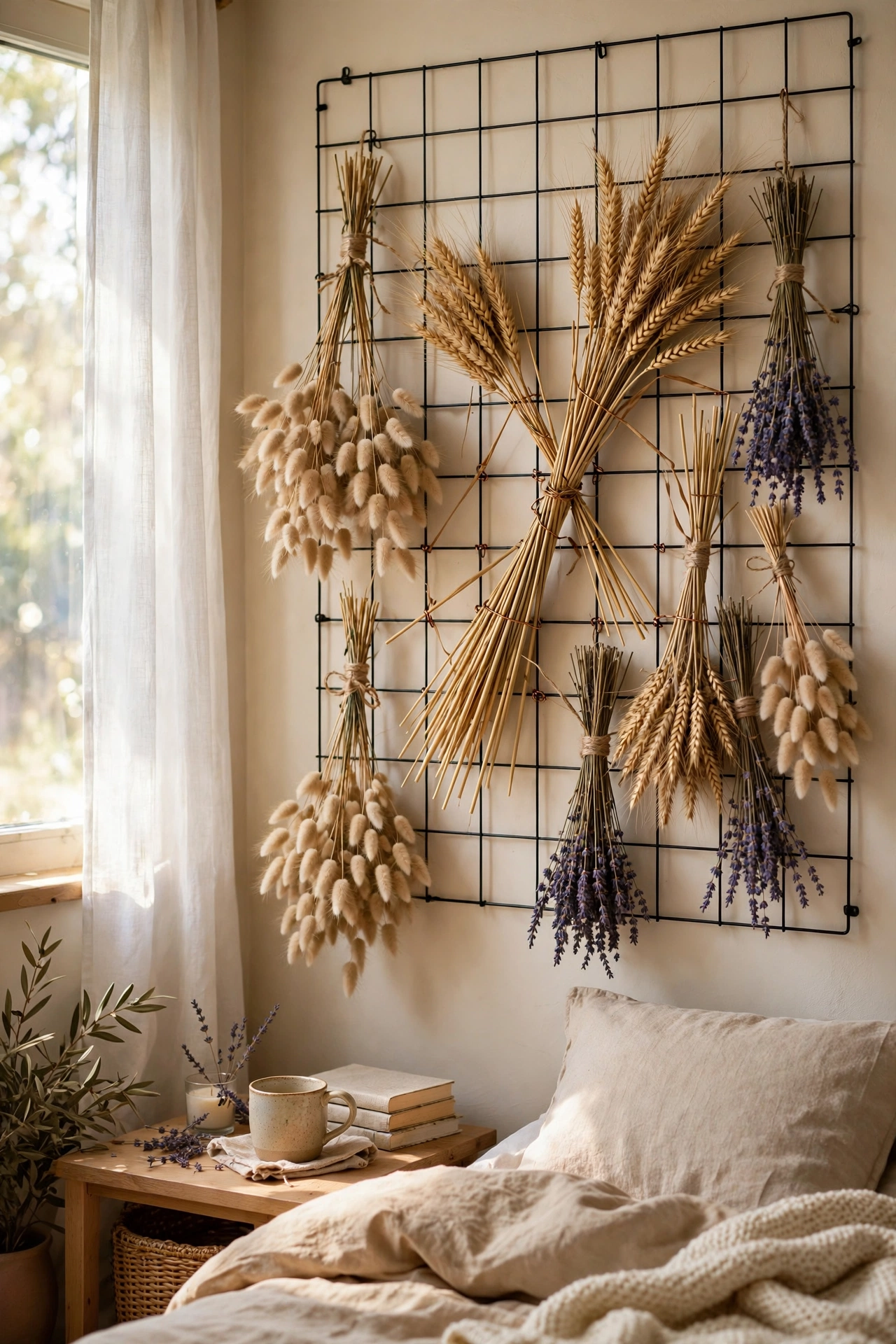 Dried flowers wired to a grid as a romantic textural bedroom accent wall