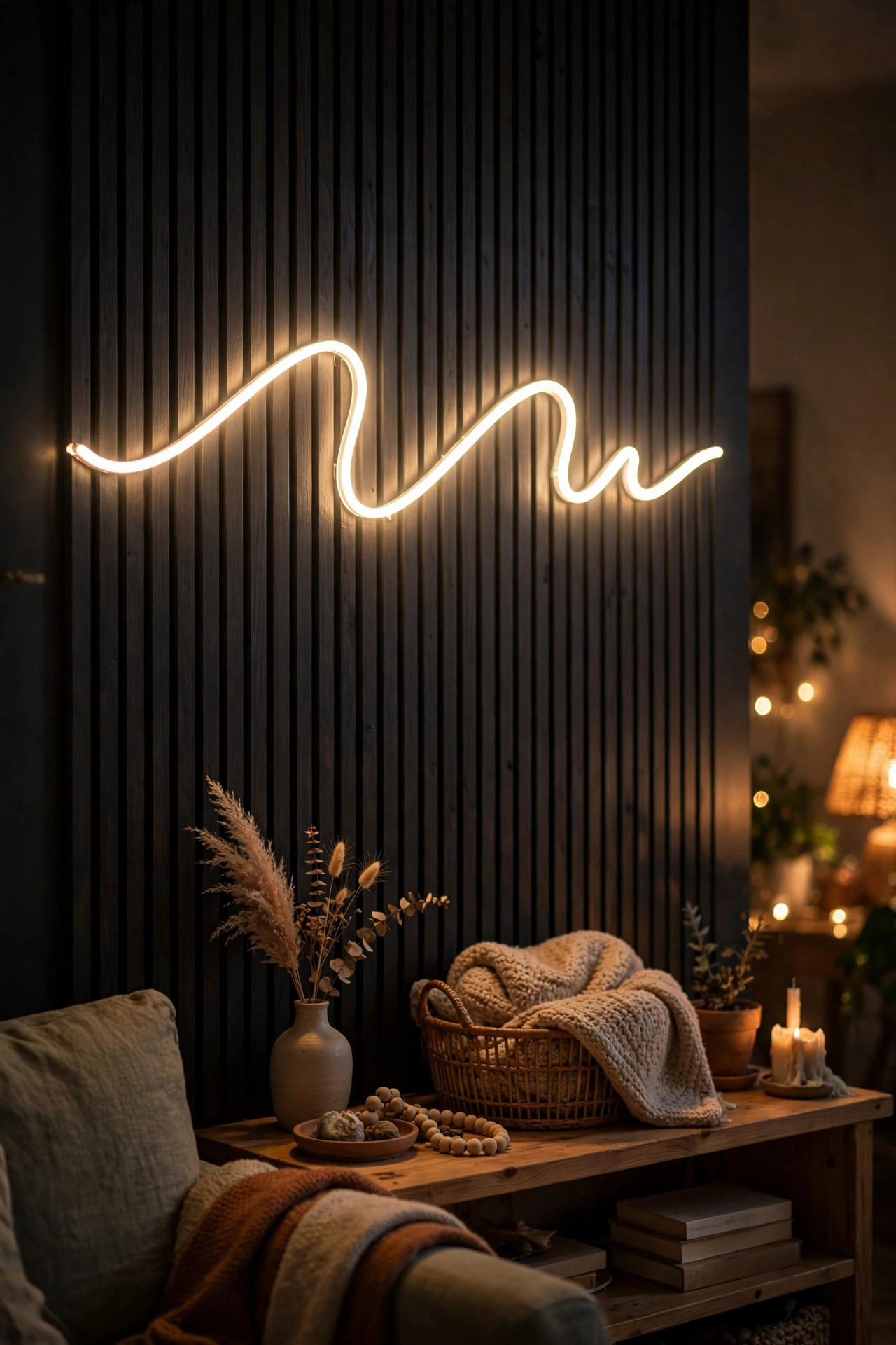 A warm-white LED script sign glowing on a dark living room accent wall
