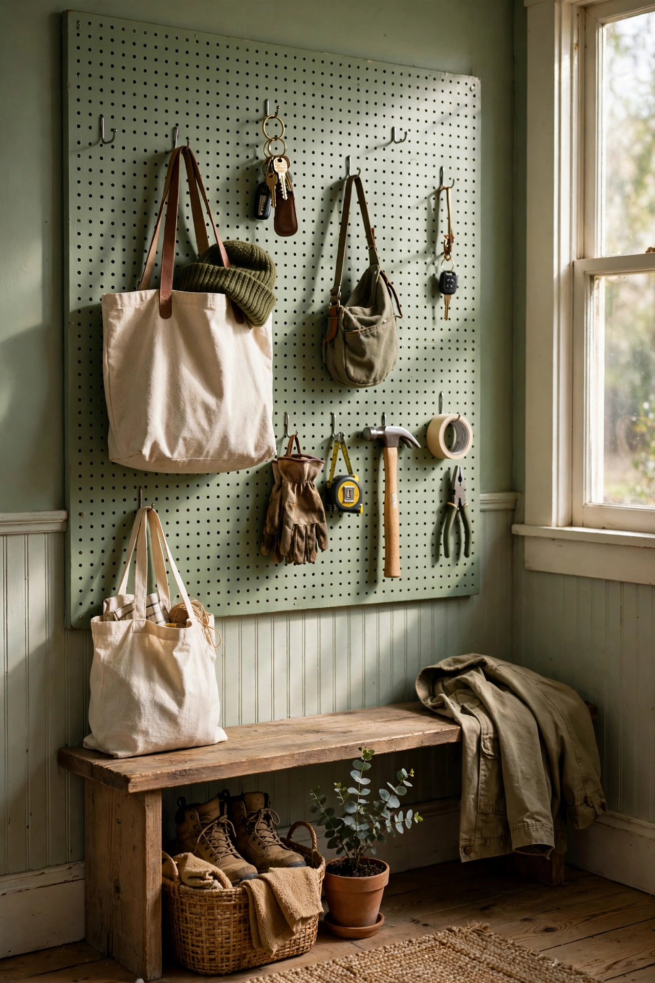 A painted pegboard wall with hooks holding keys and bags in a mudroom