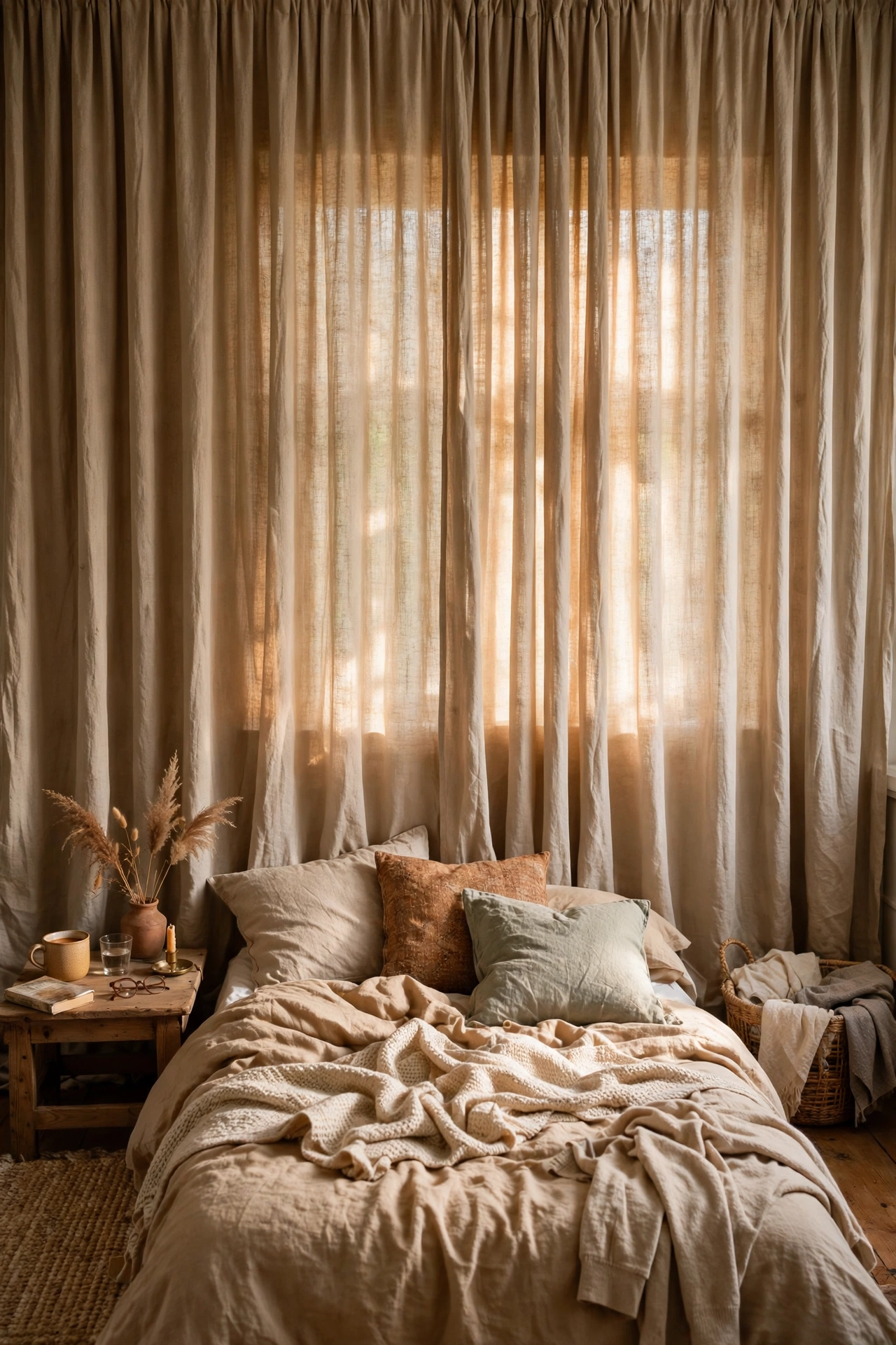 Floor-to-ceiling linen curtains hung wall-to-wall as a soft dramatic accent wall