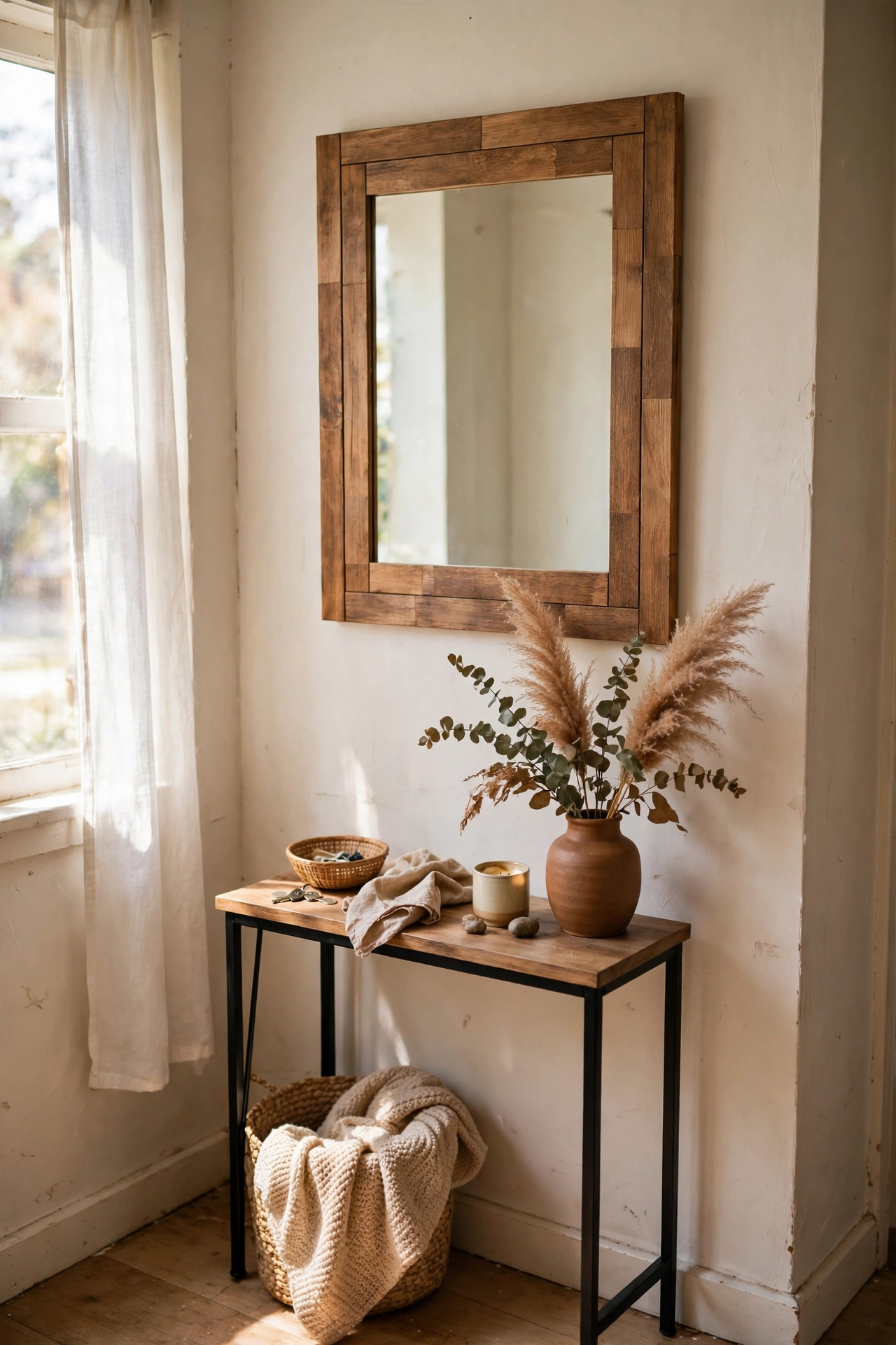 DIY mirror decor with a peel-and-stick timber frame on a plain rectangular mirror above a hallway console.