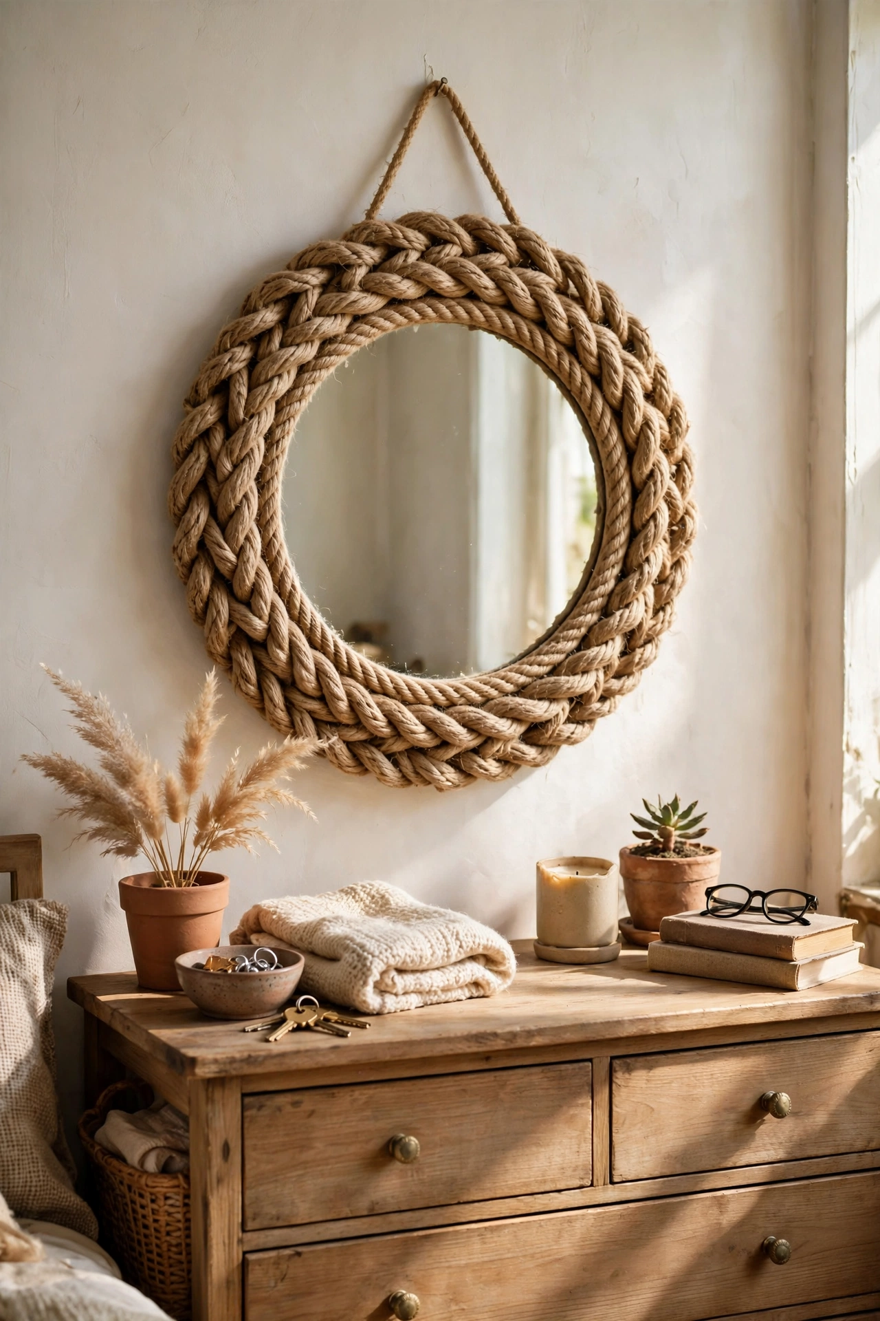 DIY mirror decor idea showing a round mirror wrapped in thick natural jute rope hanging on a bedroom wall.