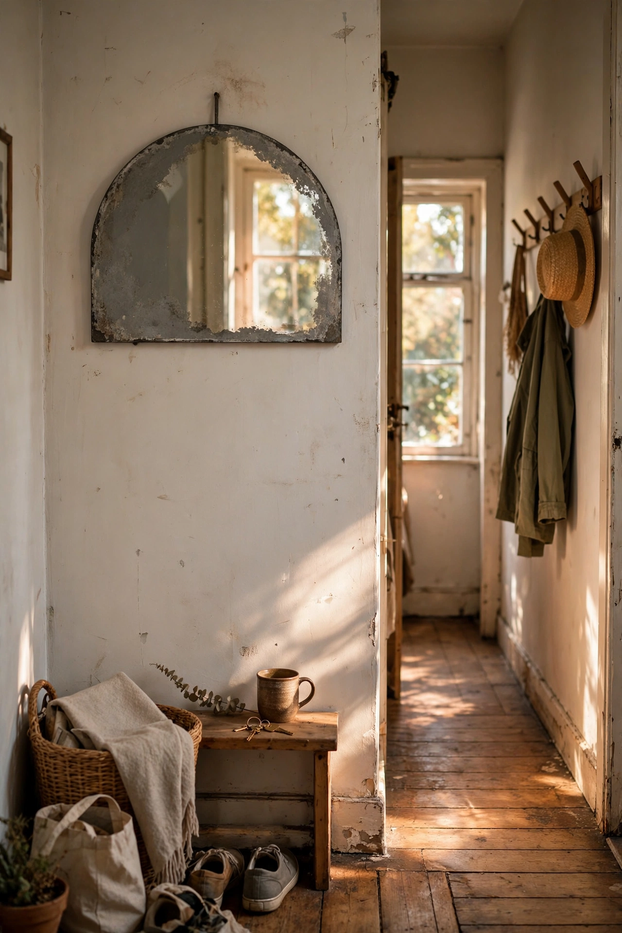 DIY mirror decor with an aged antique-effect half-moon mirror with mottled grey edges in a hallway.