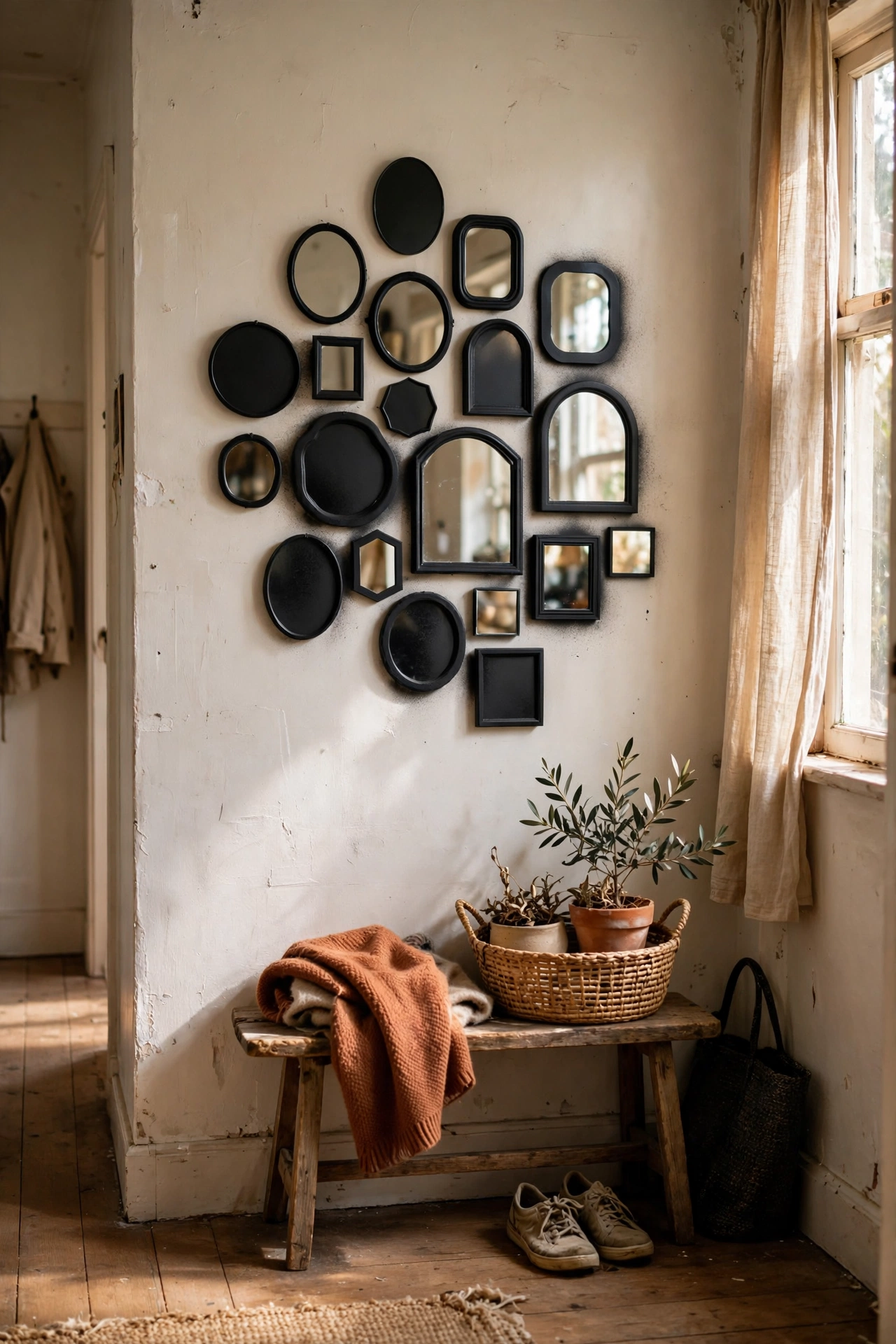 DIY mirror decor gallery wall of mismatched thrifted mirrors spray-painted one colour in a dark corridor.