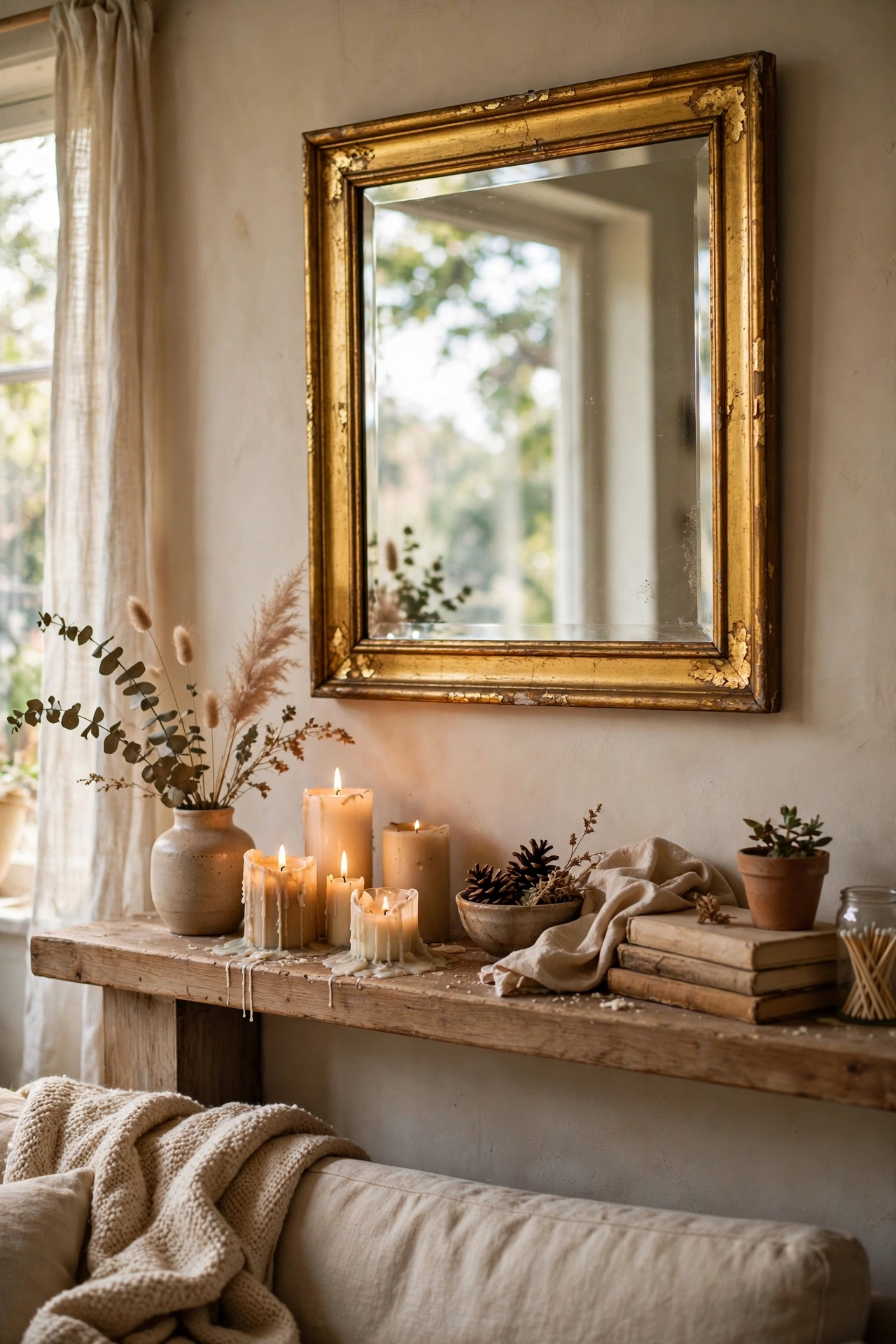 DIY mirror decor with a gold leaf edged mirror frame glowing above a living room mantel.