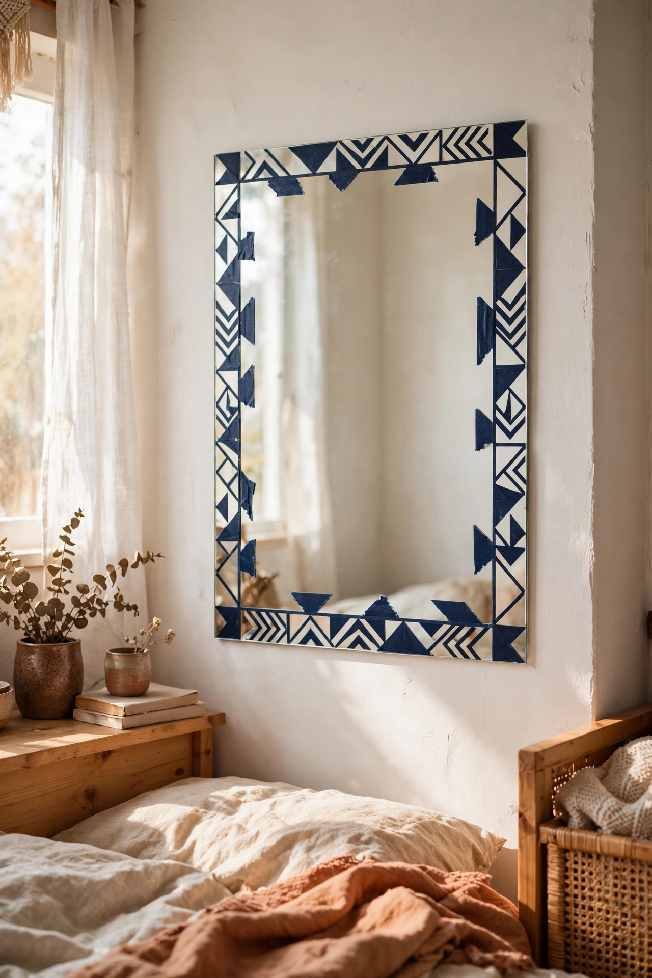 DIY mirror decor using patterned washi tape as a removable border on a bedroom mirror.