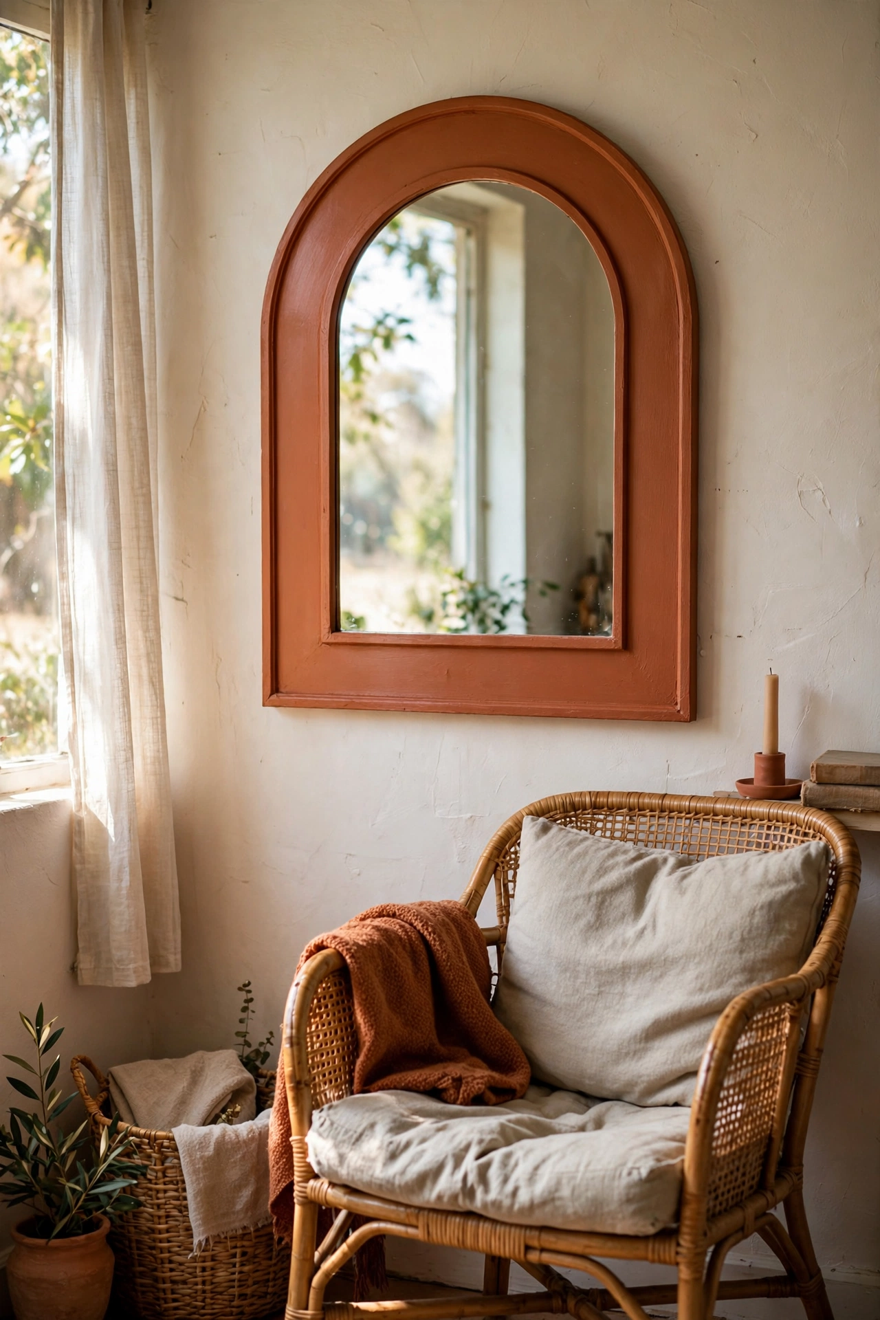 DIY mirror decor with a handmade terracotta arched MDF frame holding a mirror in a living room.