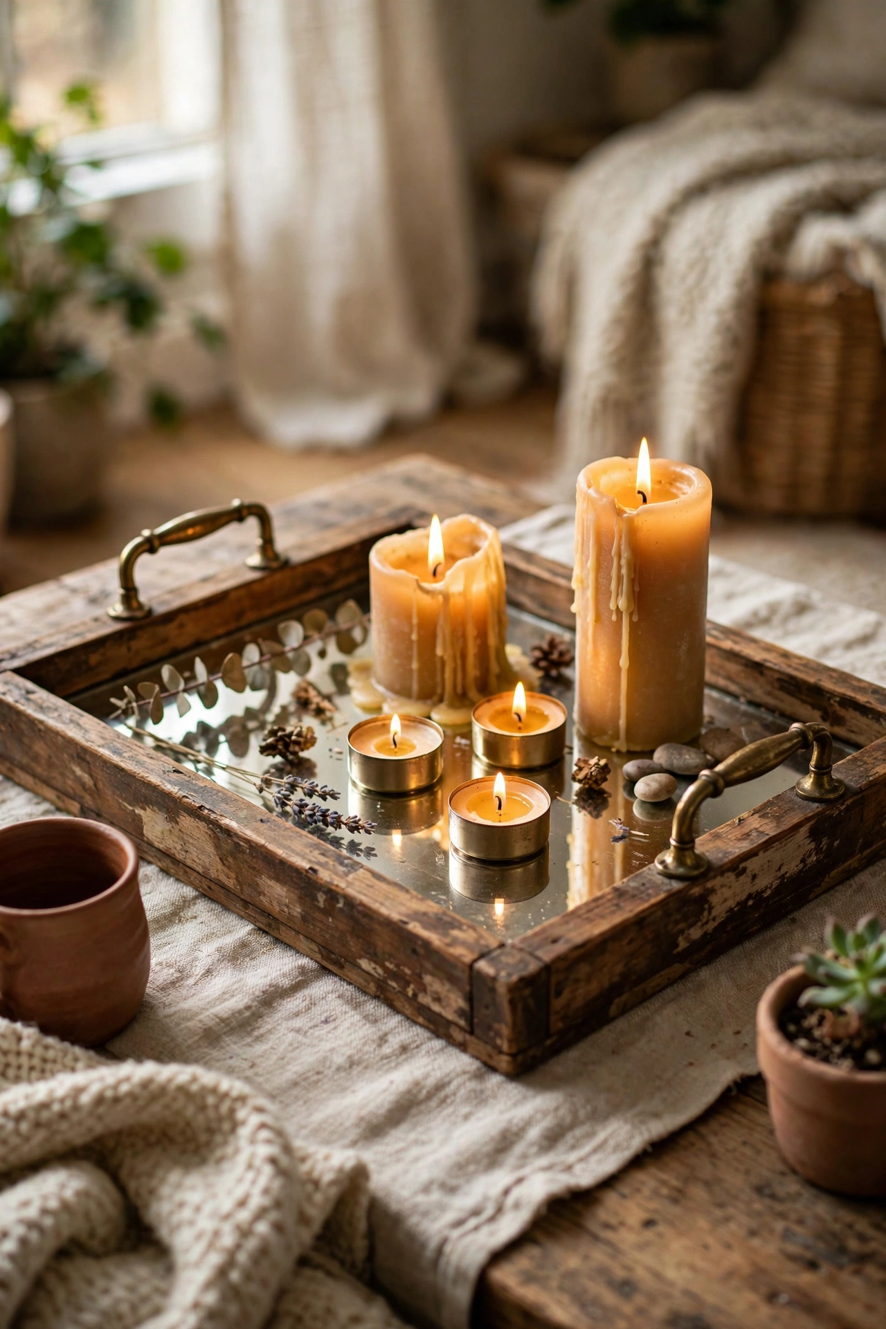 DIY mirror decor tray made from a thrifted picture frame with mirrored glass and brass handles on a coffee table.