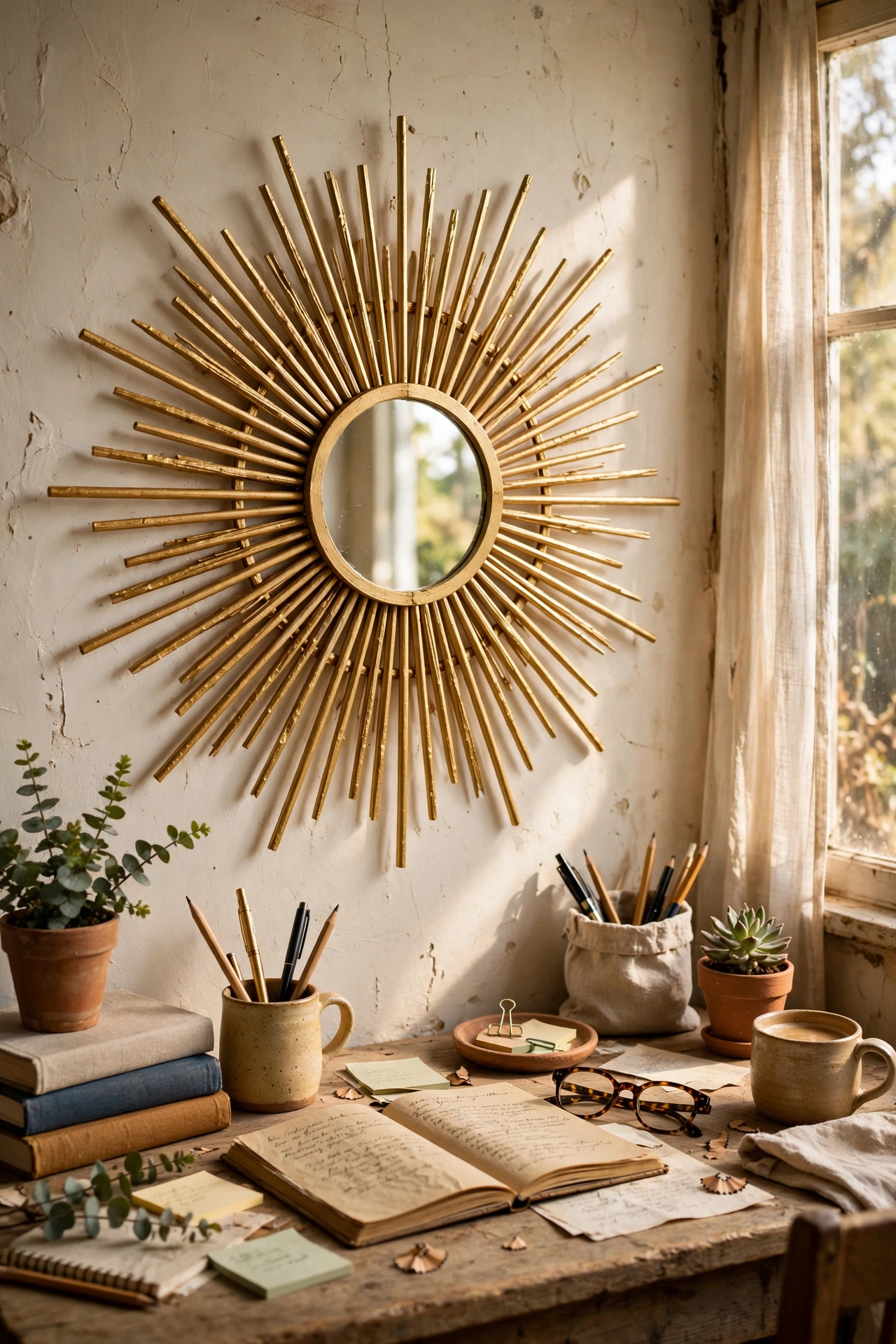DIY mirror decor starburst mirror made from wooden skewers sprayed gold above a home office desk.