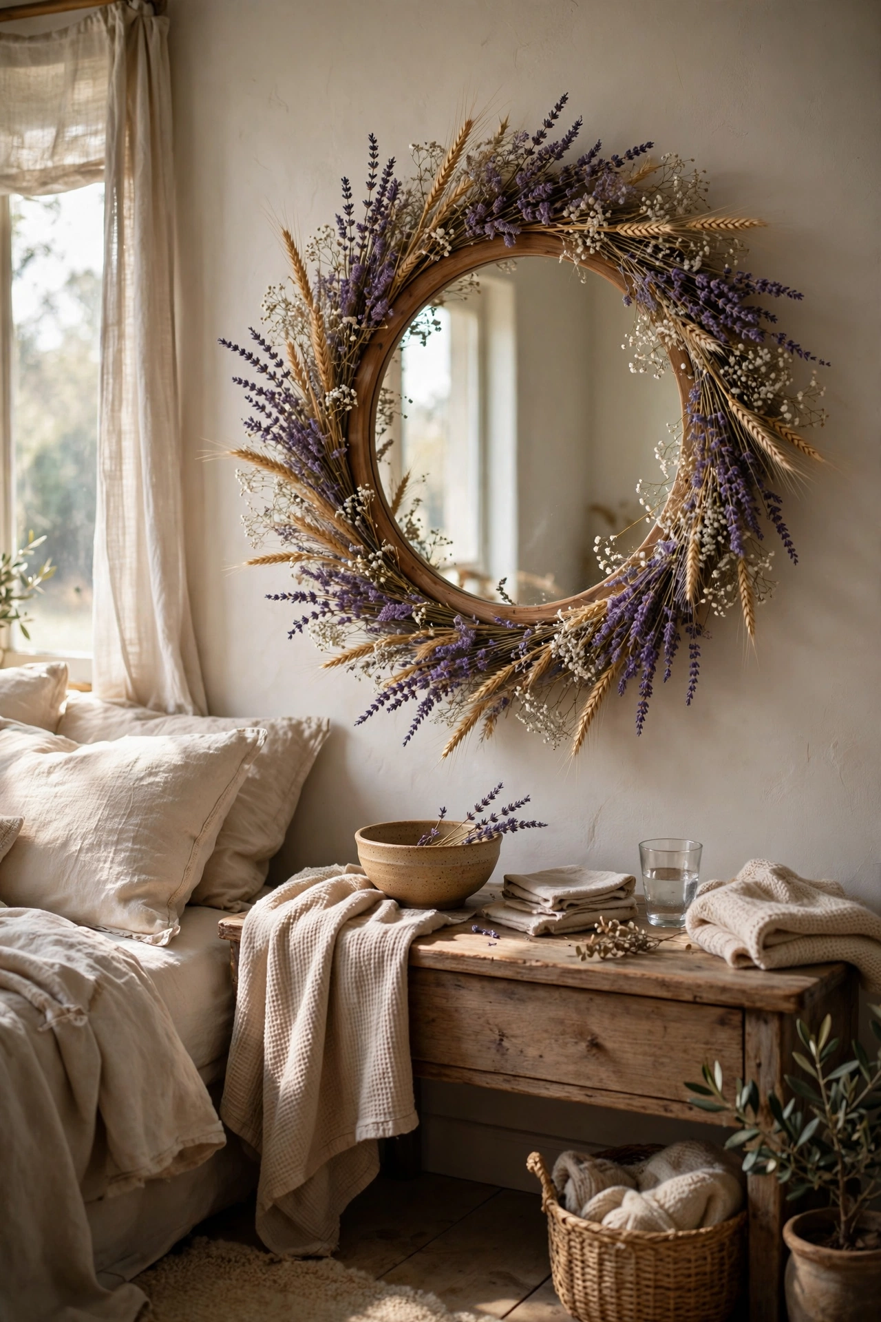 DIY mirror decor with dried flowers and grasses glued around a mirror frame in a guest bedroom.