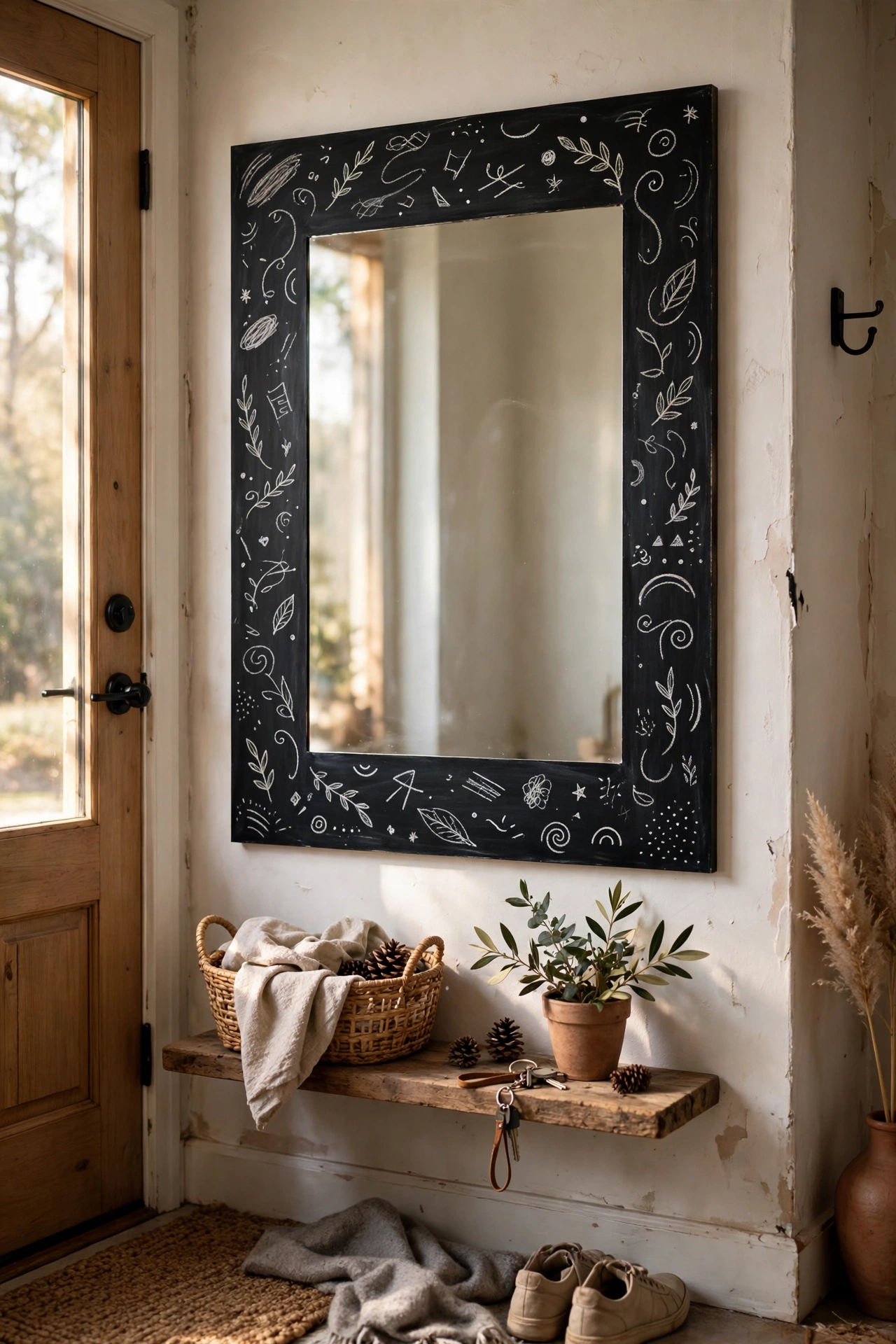 DIY mirror decor with a chalkboard-painted border for writing notes around an entryway mirror.