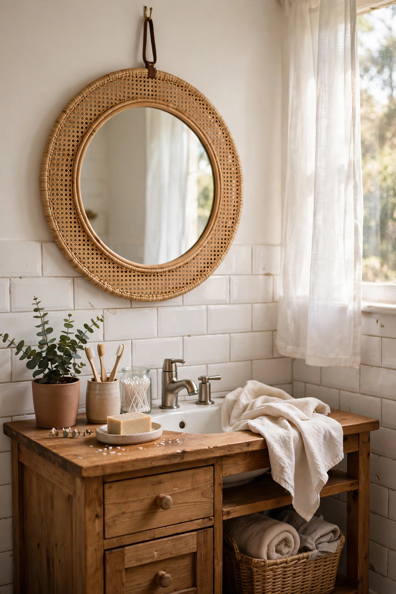 DIY mirror decor with a round mirror wrapped in soaked cane webbing hanging in a bathroom.