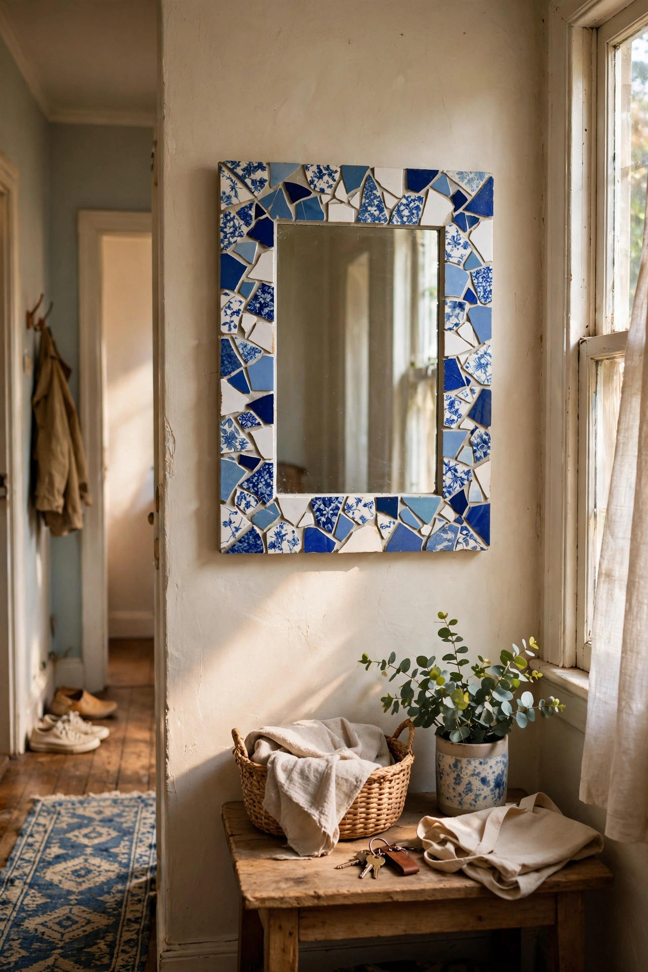 DIY mirror decor mosaic frame made from broken blue ceramic tiles around a hallway mirror.