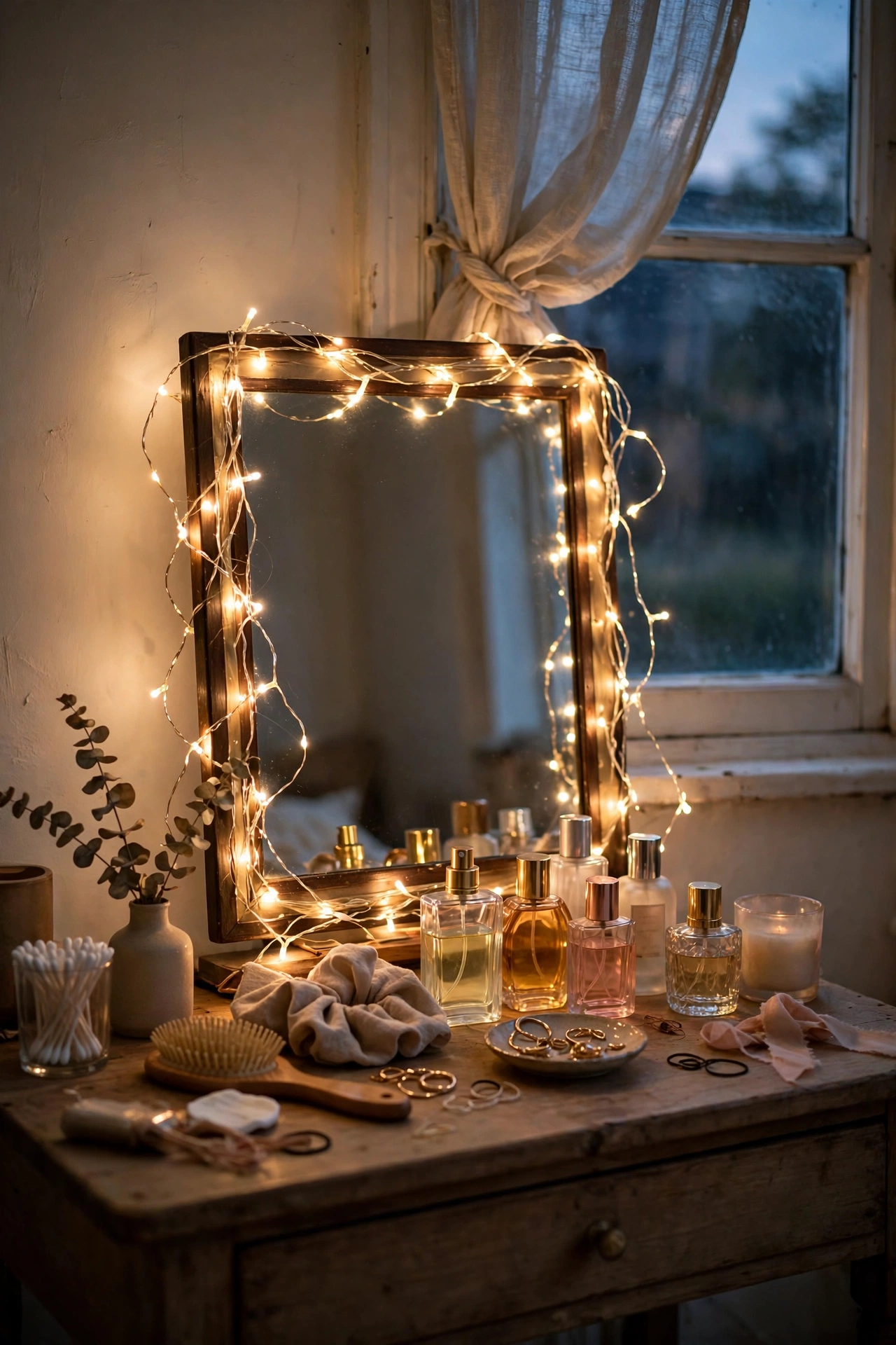 DIY mirror decor with warm-white fairy lights wrapped around a dressing-table mirror at dusk.