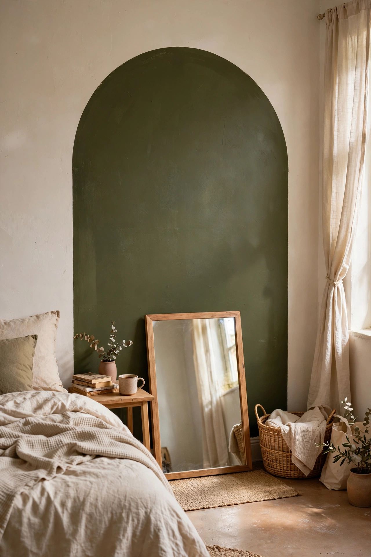 DIY mirror decor with a deep olive painted wall arch framing a leaning mirror in a bedroom.