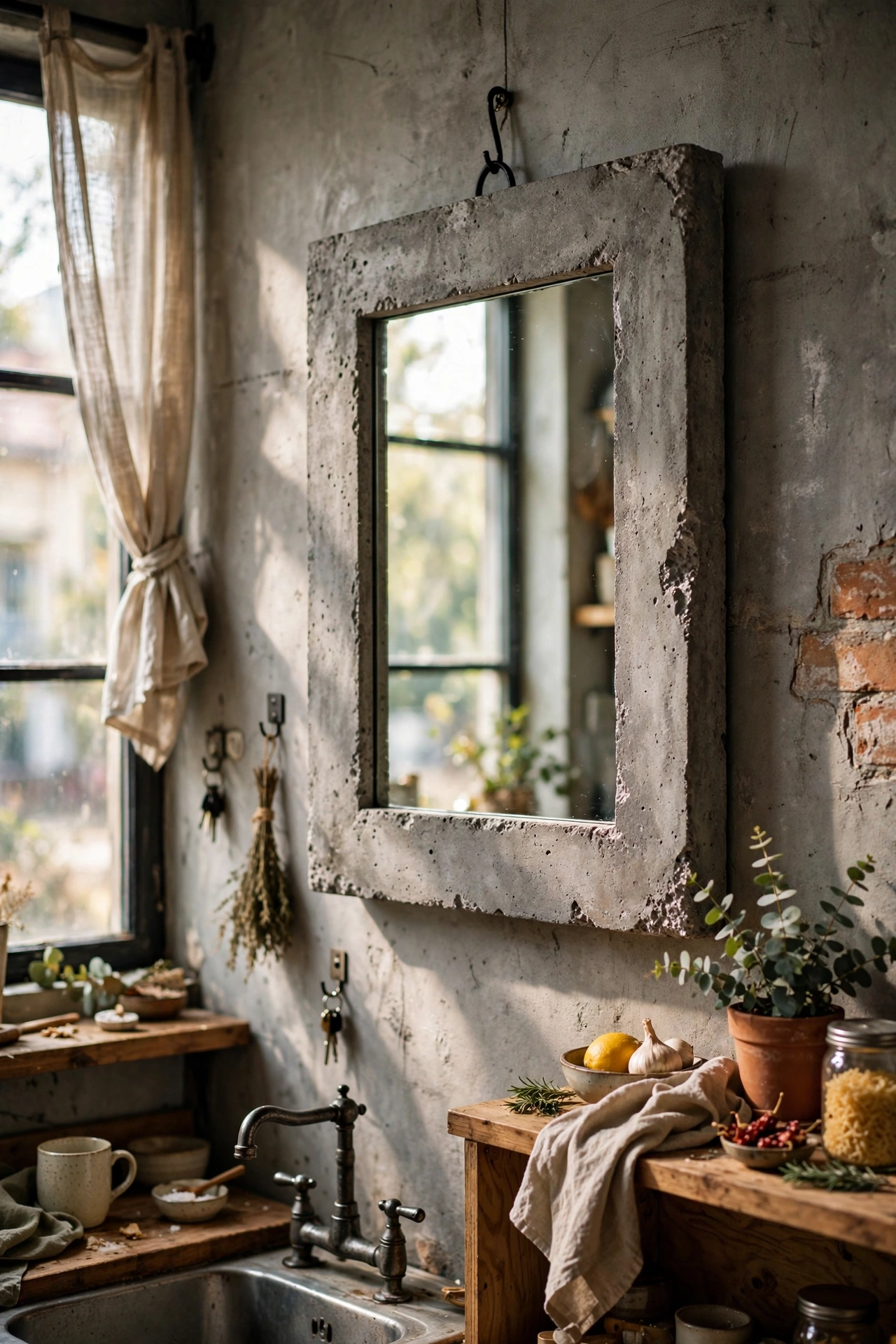 DIY mirror decor with a concrete-effect textured frame on a mirror in an industrial-style kitchen.