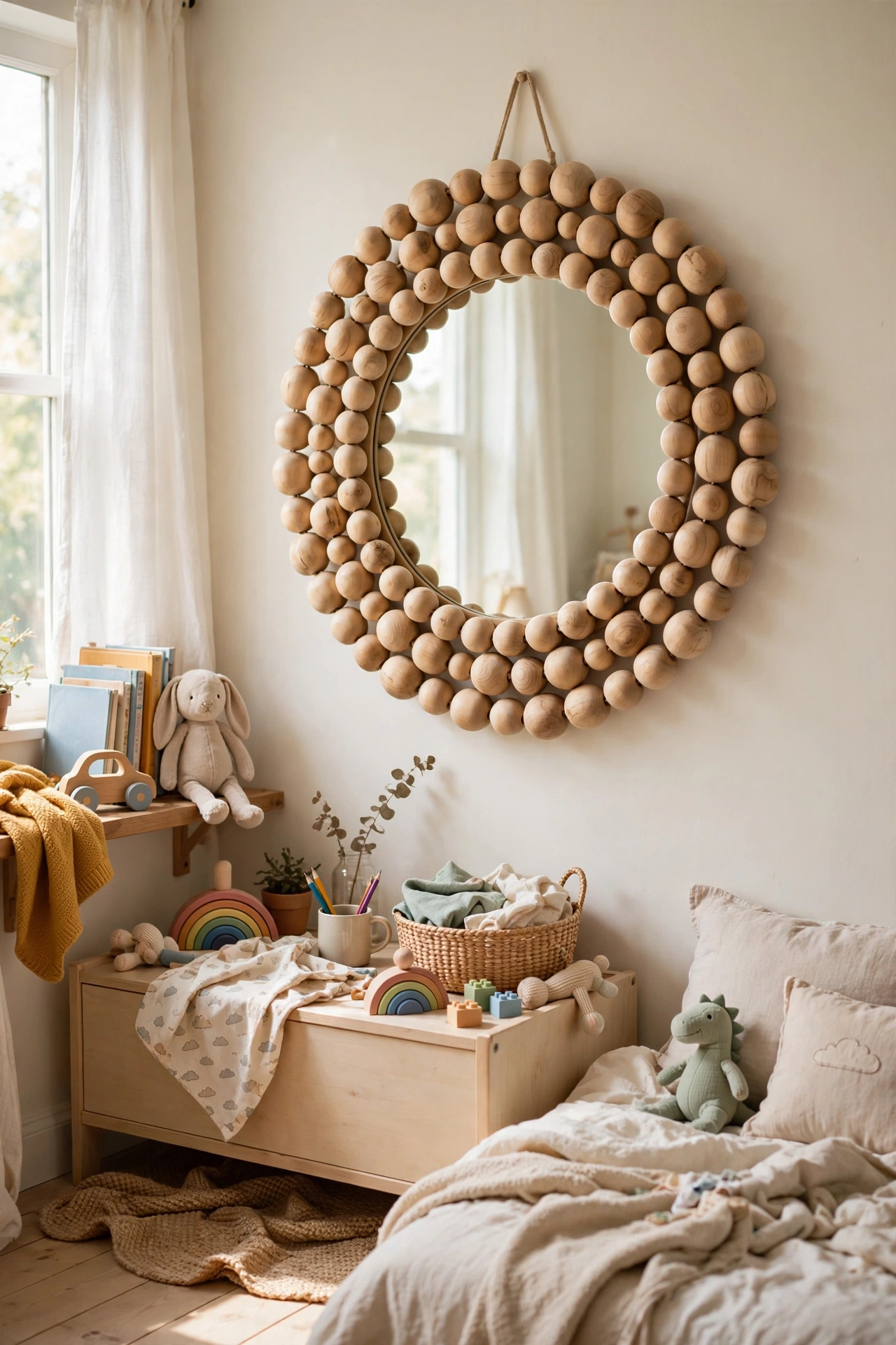 DIY mirror decor with a round mirror framed by strands of large natural wooden beads in a child's bedroom.