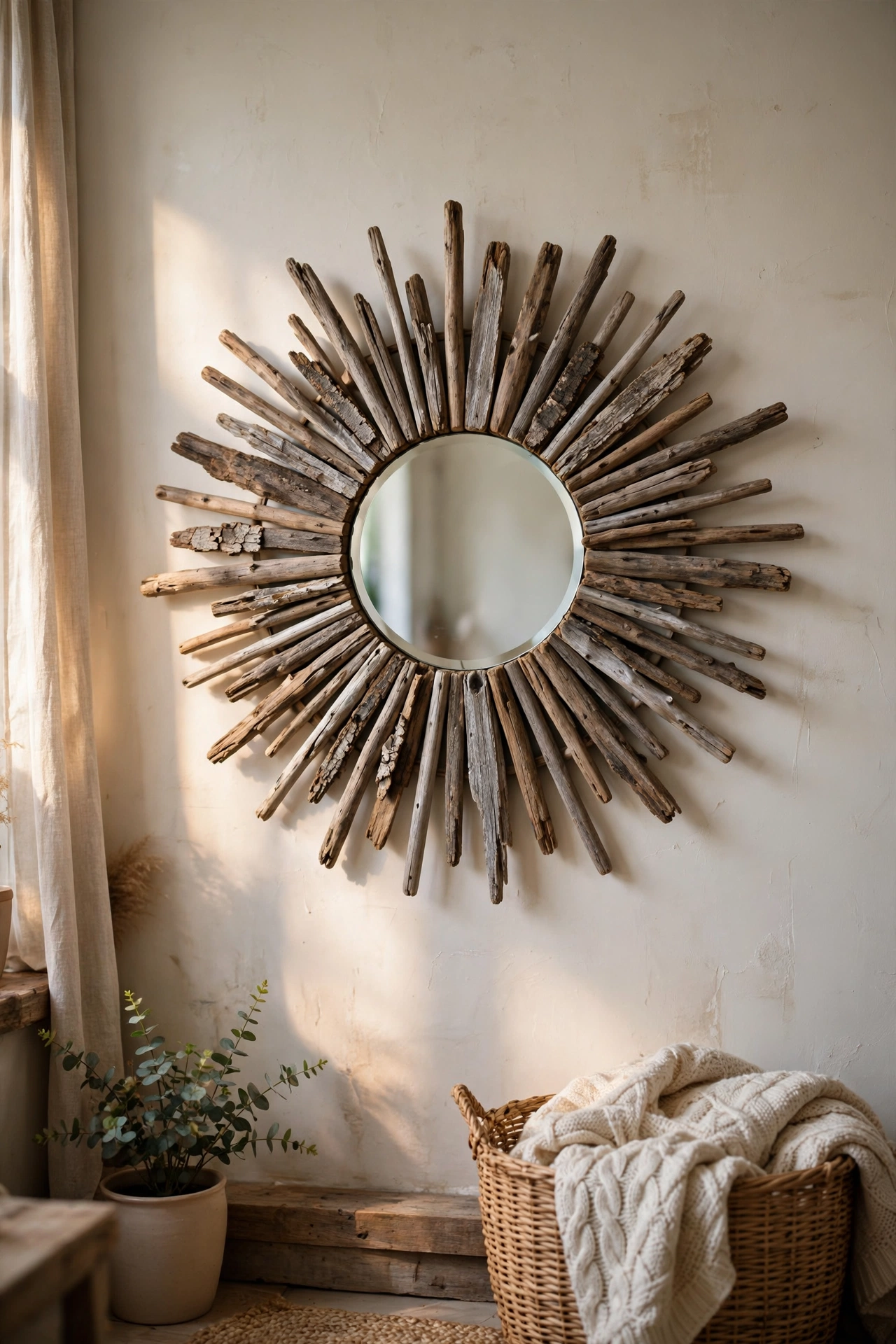 DIY mirror decor sunburst mirror made from beach driftwood radiating around a round mirror.