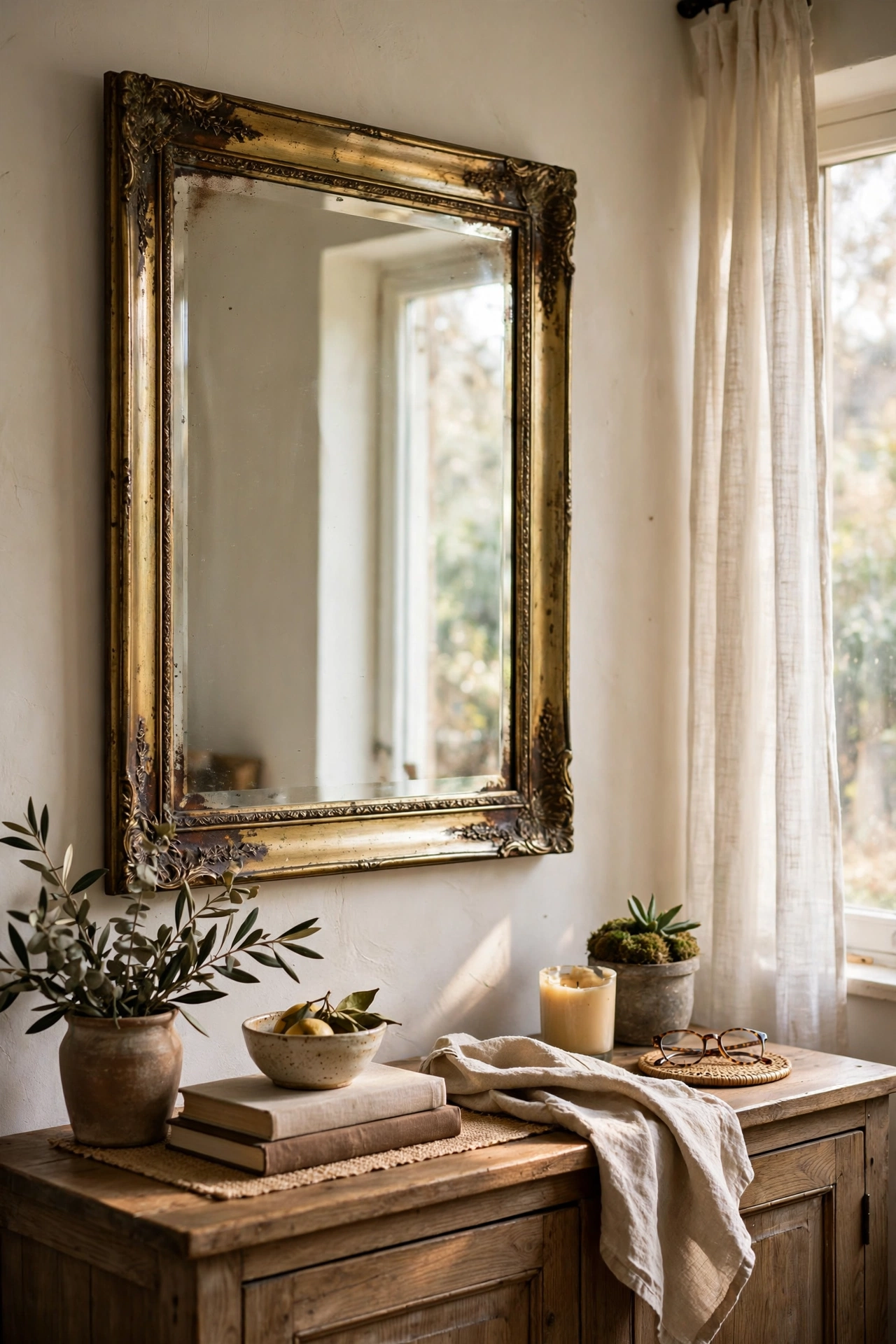 DIY mirror decor with a pine frame painted to look like aged brass using metallic paint and dark glaze.