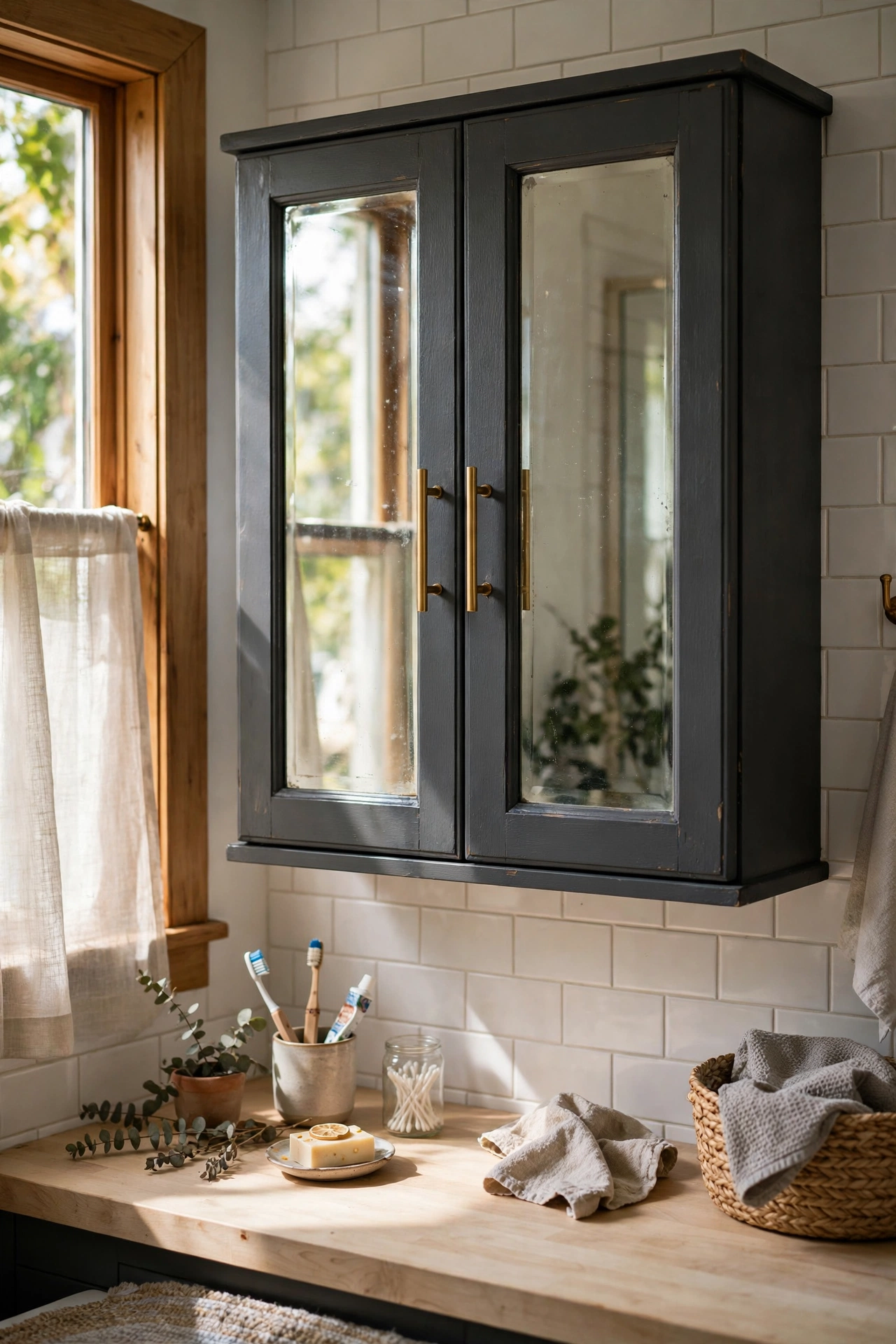 DIY mirror decor refresh of a dated mirrored bathroom cabinet painted charcoal with new brass handles.