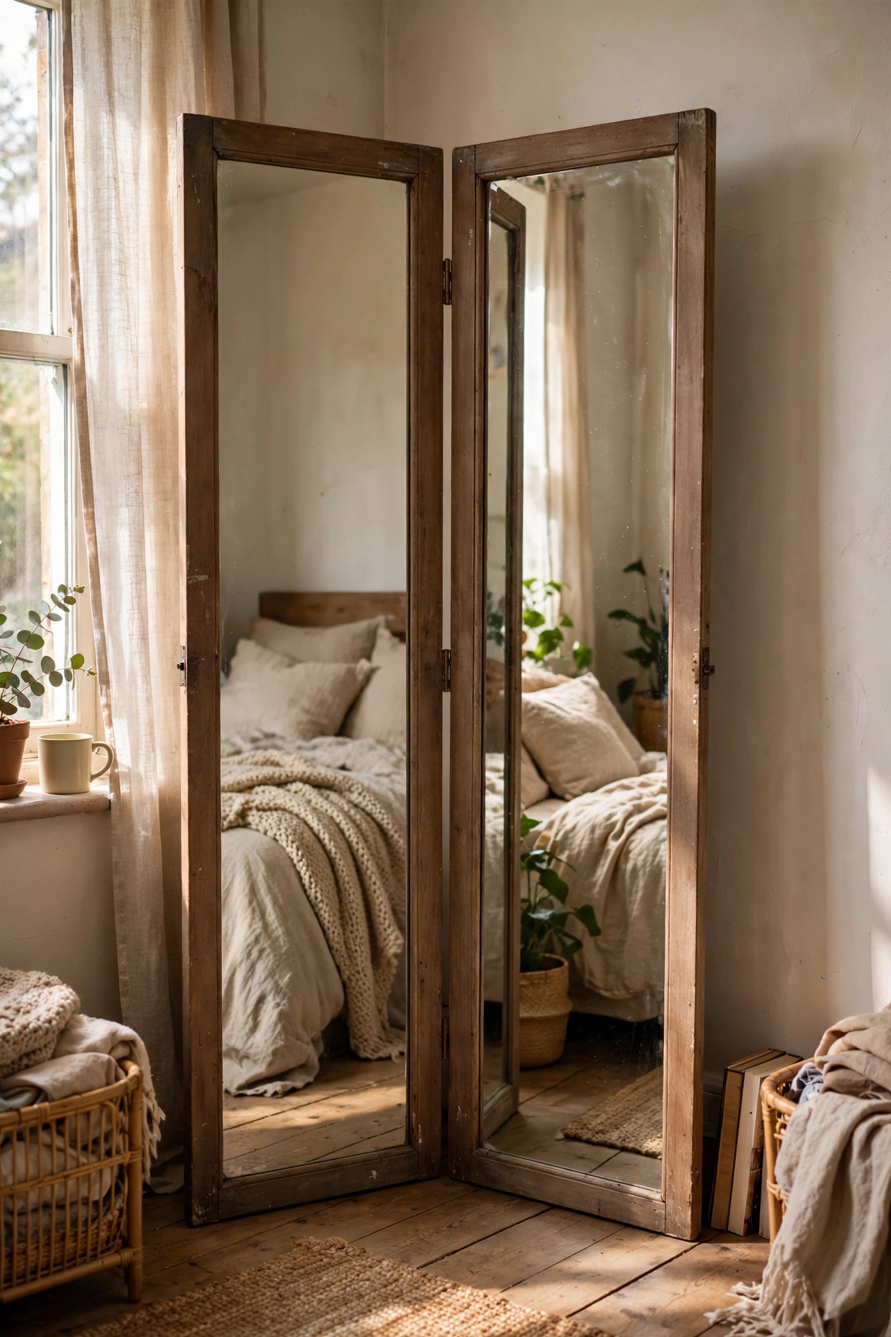 DIY mirror decor folding screen made from two hinged tall thrifted mirrors in a bedroom corner.