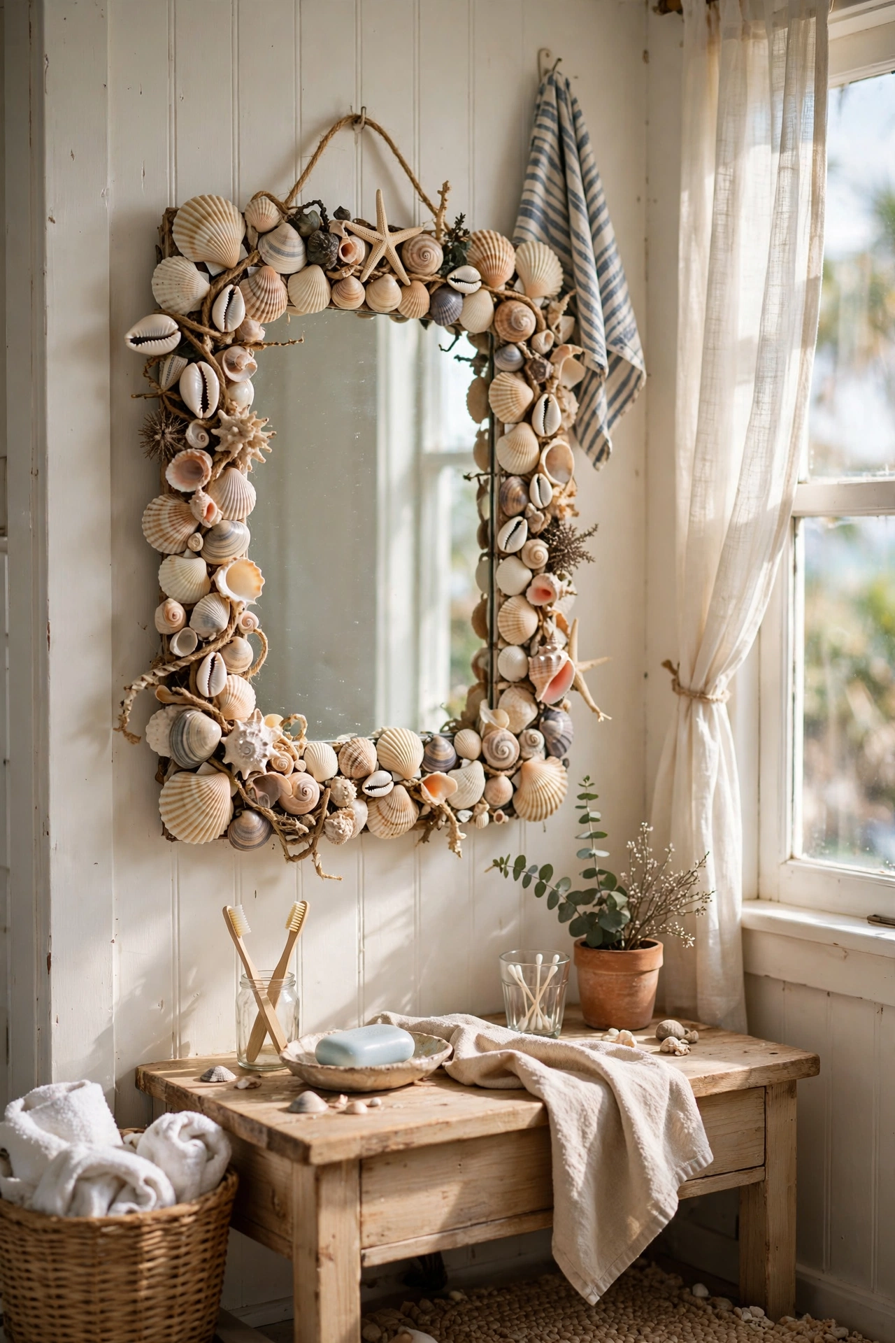 DIY mirror decor with a shell-framed coastal mirror hanging in a guest bathroom.