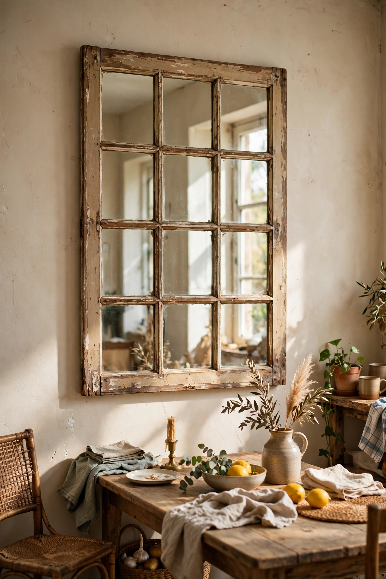 DIY mirror decor made from a salvaged multi-pane window with mirror fitted behind the glazing bars.