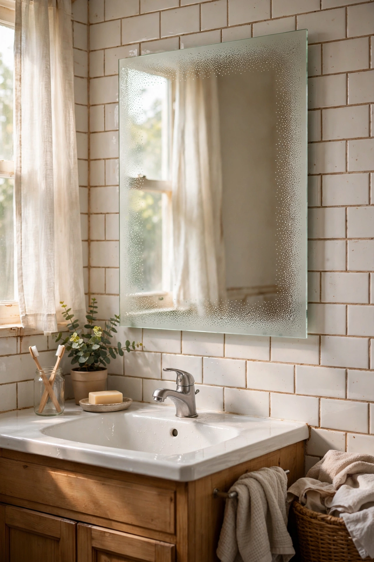DIY mirror decor with a frosted-etch dotted border stencilled onto a bathroom mirror.