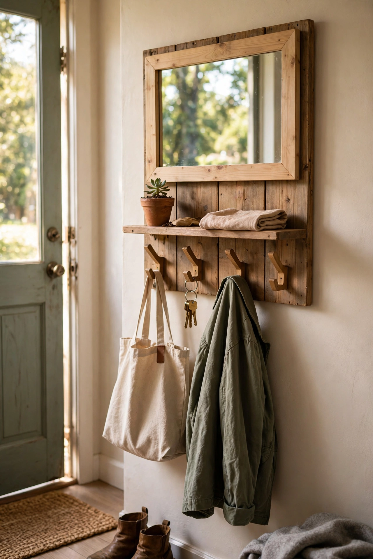 DIY mirror decor entryway station with a mirror mounted on a wooden hook board by a front door.