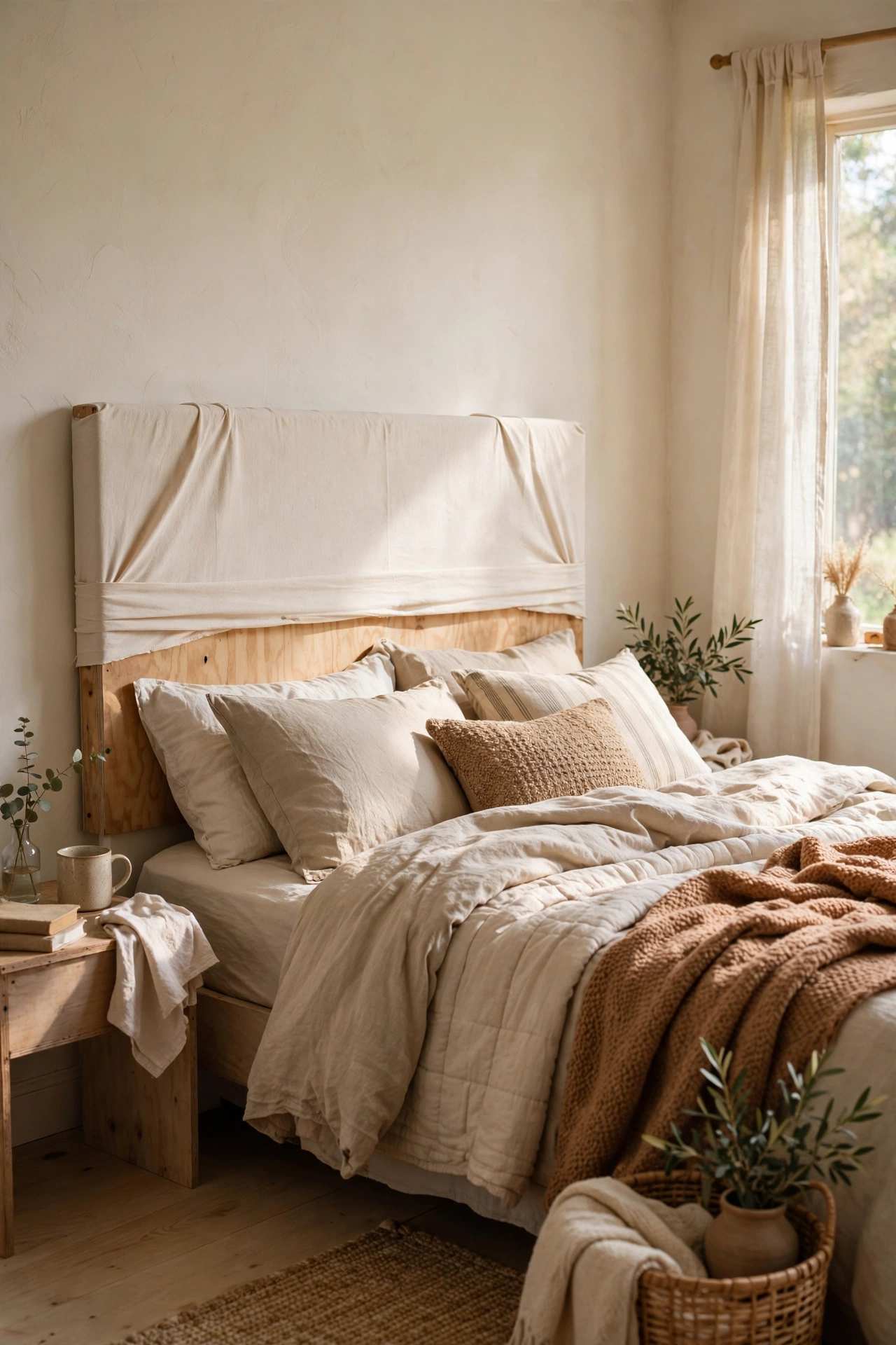 DIY headboard made from plywood wrapped in a heavy cotton duvet cover behind a styled bed.