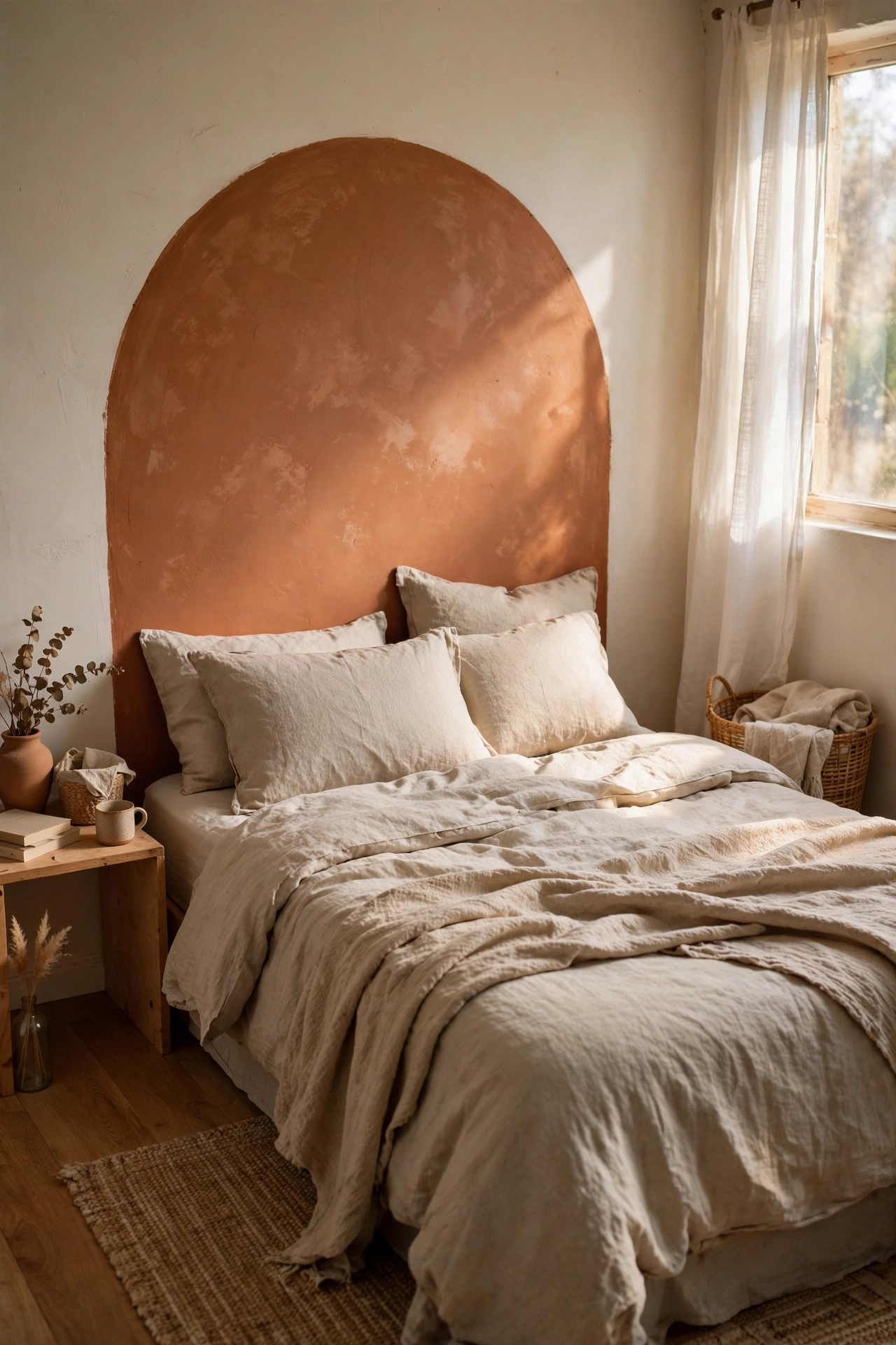 DIY headboard idea with a warm clay painted arch on the wall behind a bed in a spare room.