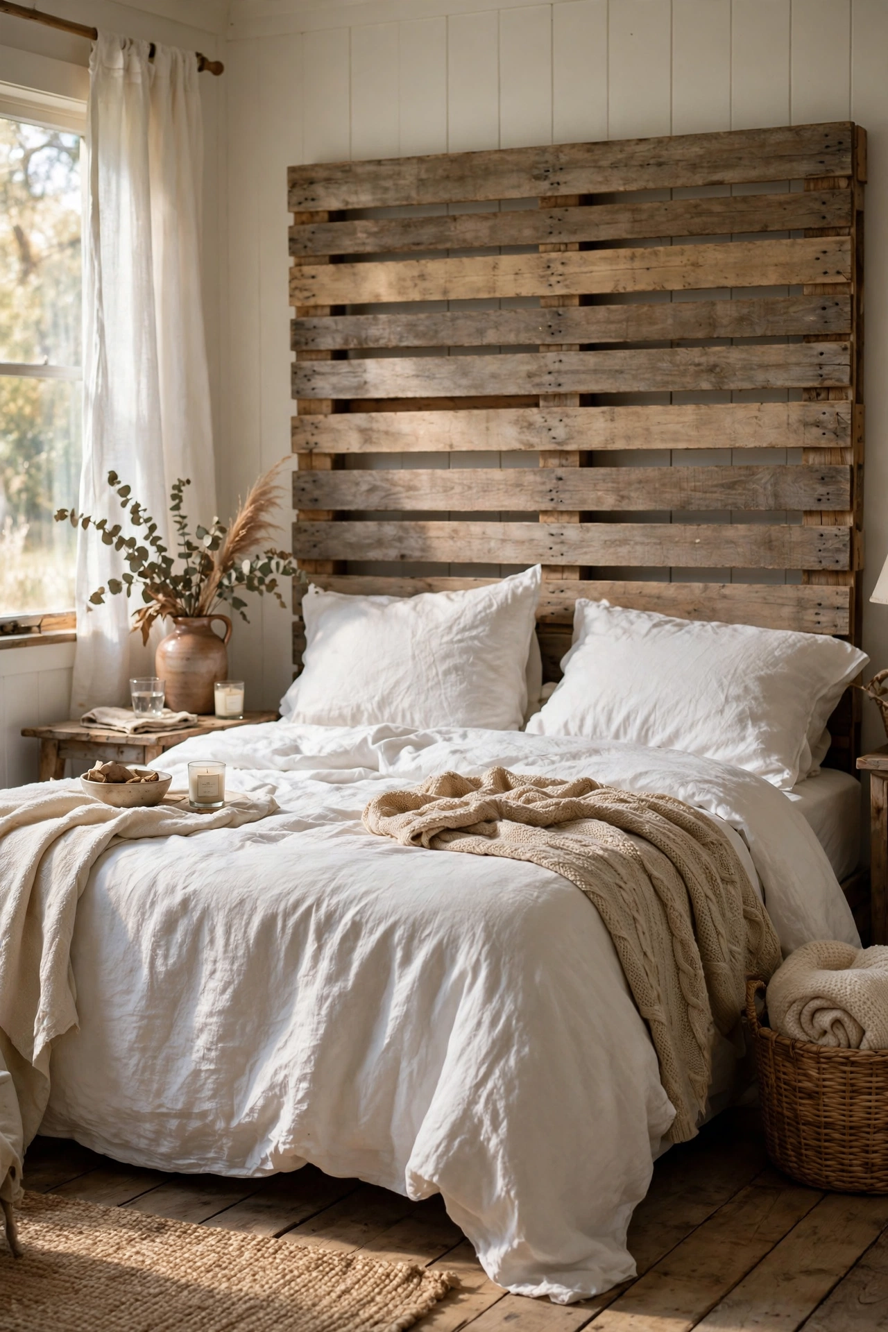 DIY headboard built from sanded pallet wood planks screwed to battens in a farmhouse bedroom.
