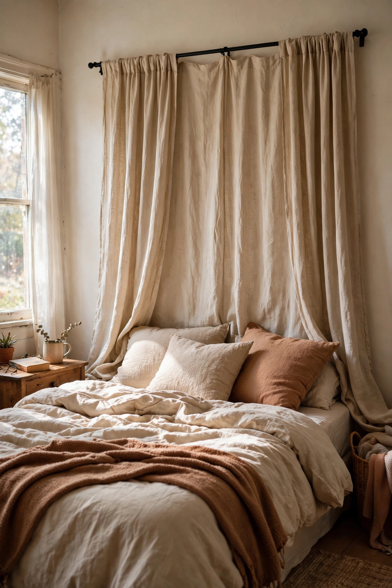 DIY headboard made from floor-length curtain panels hung on a rod behind a bed in a small rental bedroom.