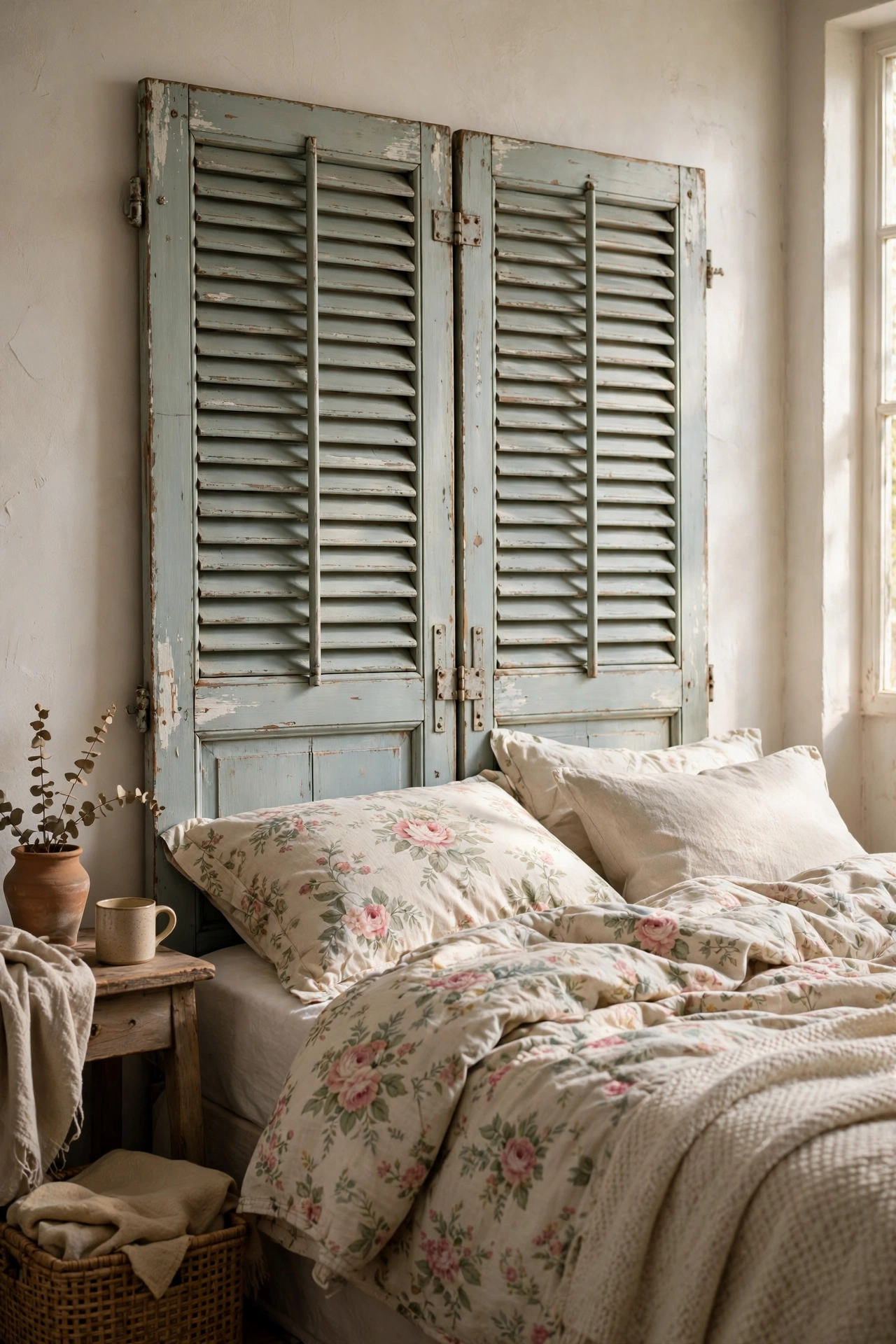 DIY headboard made from two vintage wooden shutters hinged together behind a cottage-style bed.