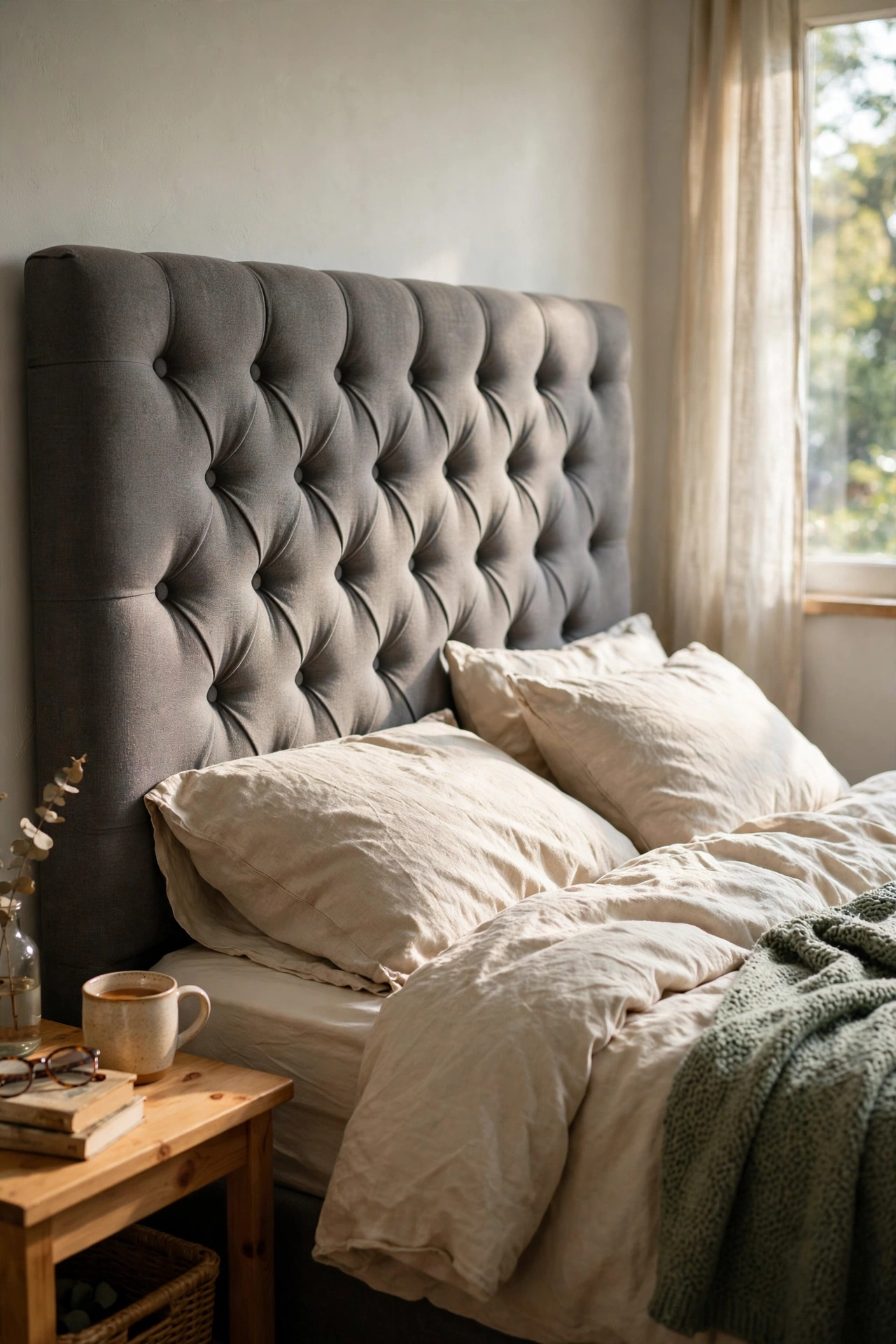 DIY headboard with no-sew deep-buttoned upholstery in grey fabric behind a styled bed.