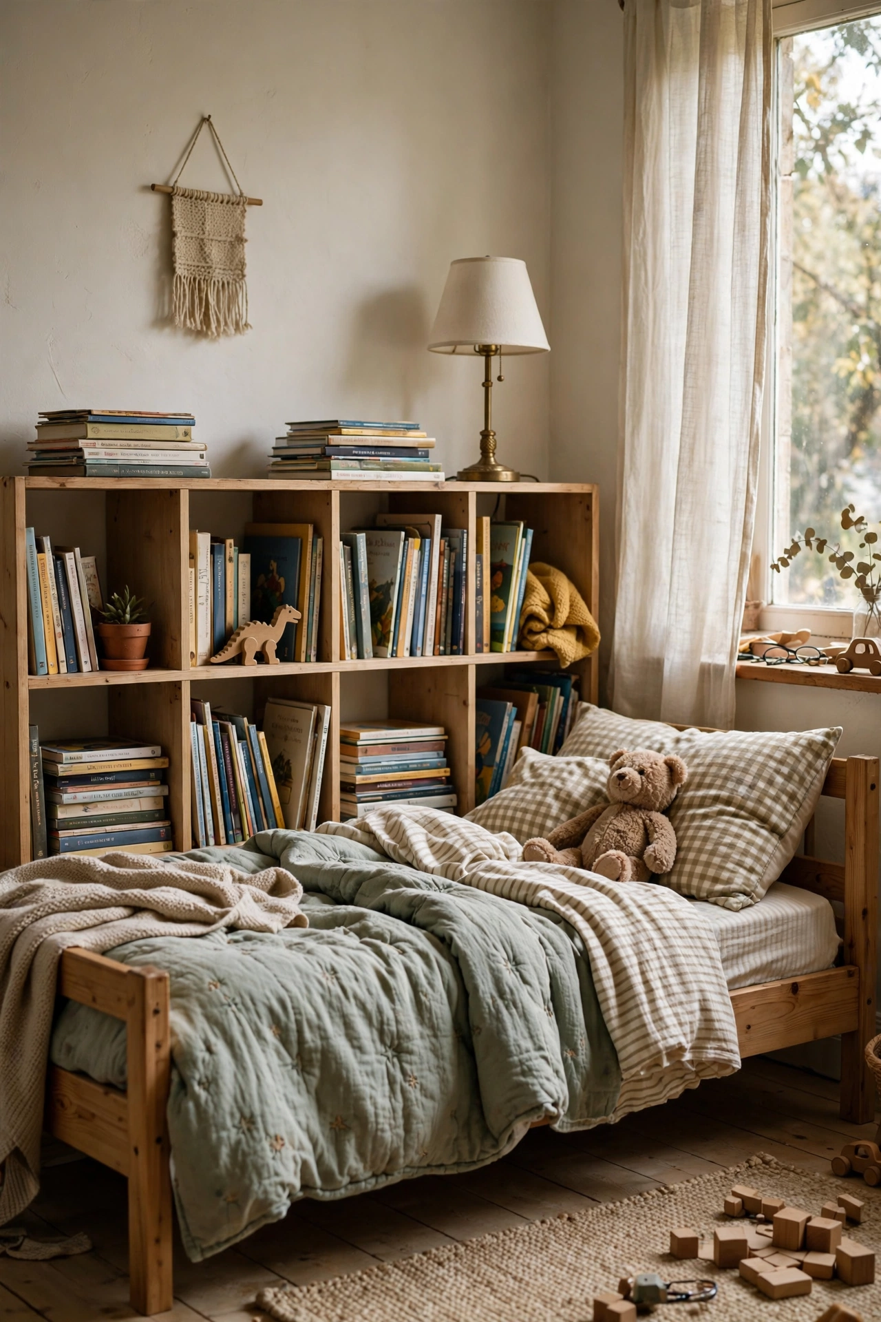 DIY headboard using a low cube bookcase with books and a lamp behind a child's bed.