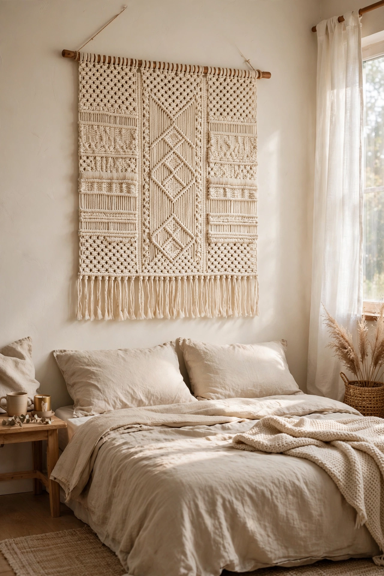 DIY headboard with a large cream woven wall hanging on a dowel behind a neutral bed.