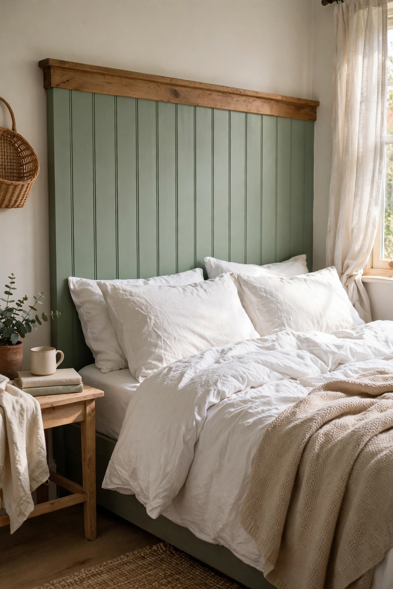 DIY headboard of sage-painted beadboard panels with a timber cap behind a bed.
